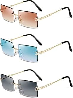Weewooday 3 Pairs Rimless Rectangle Sunglasses Tinted Frameless Eyewear Vintage Transparent Rectangle Y2k