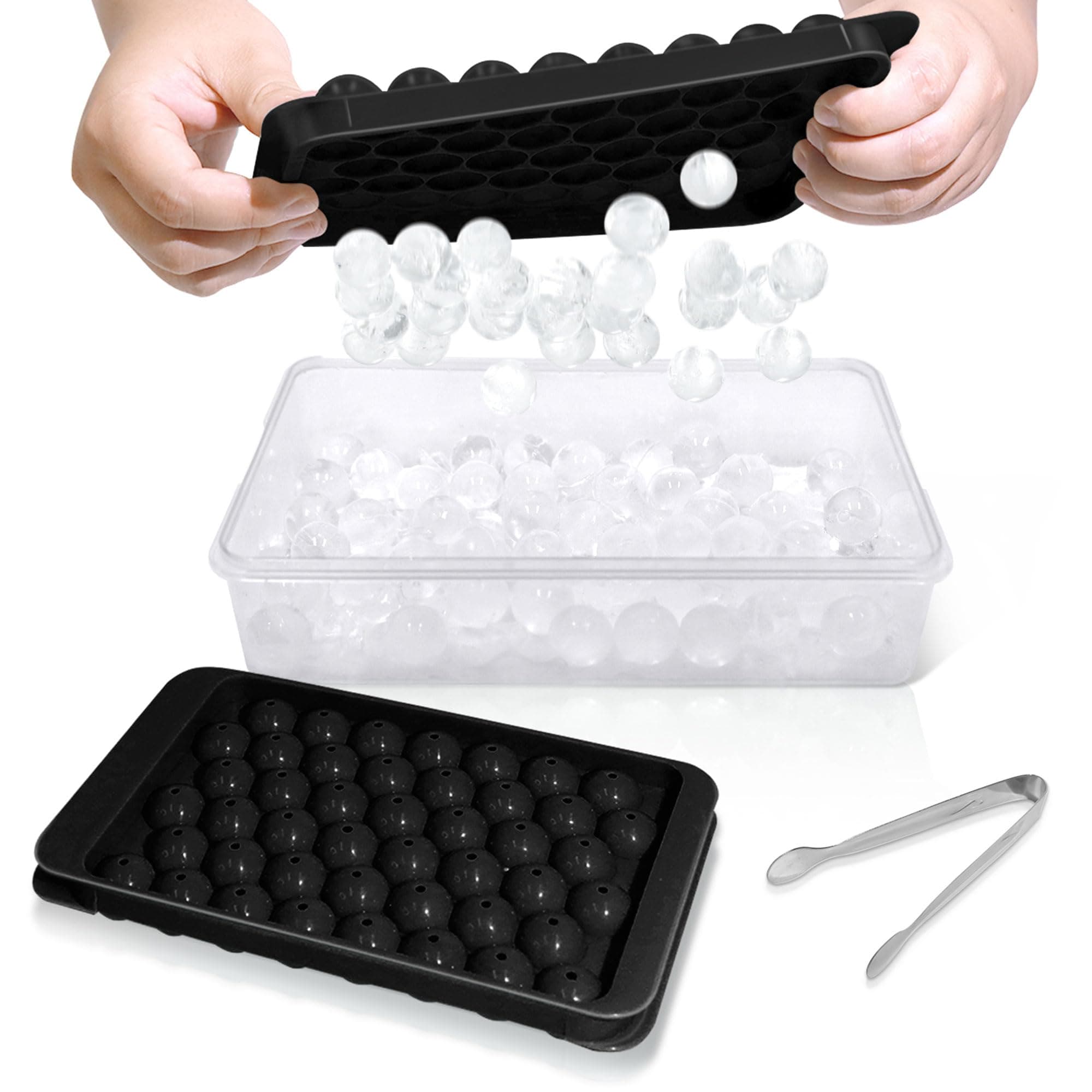 WIBIMEN Round Ice Cube Tray with Lid Ball Maker Mold for Freezer Container Mini Circle Making 66PCS Sphere Chilling Cocktail Whiskey Tea Coffee(2 Black Trays 1 Bucket & Scoop)