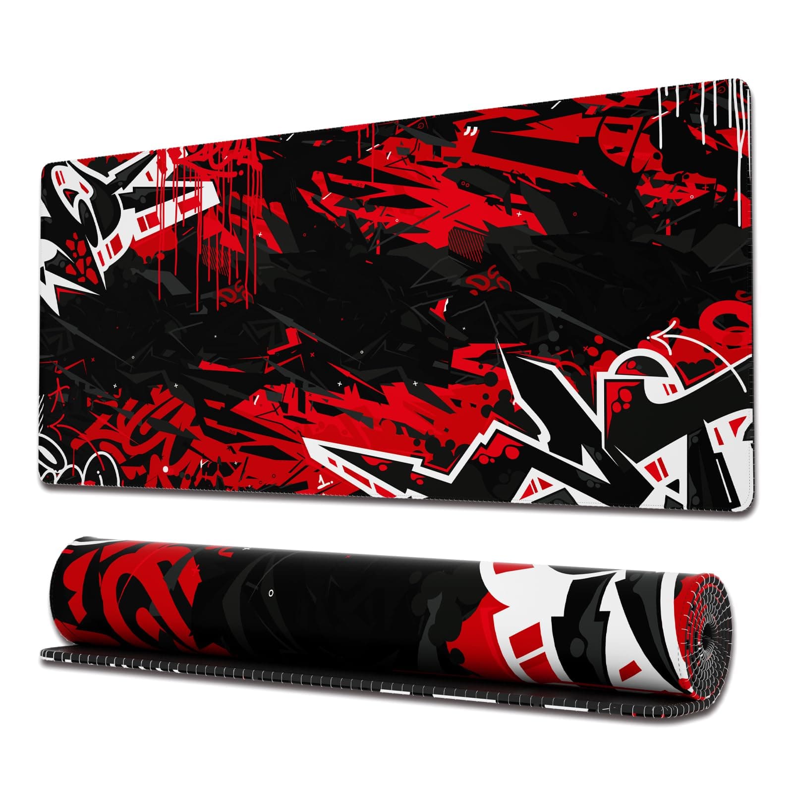 Ovenbird Gaming Mouse Pad with Stitched Edges, Abstract Graffiti Mouse Pad, Extended XL Mouse Pad with Non-Slip Base, Cool Large Mouse Mat for Desk, 80 x 30 cm, Black