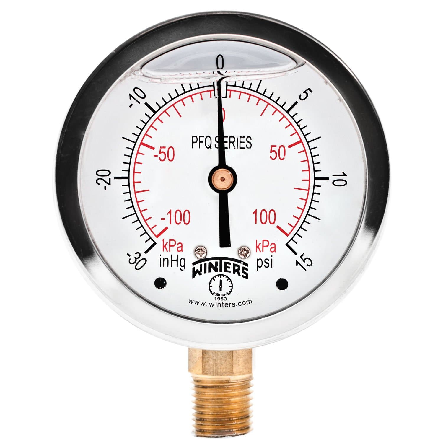 Winters 2-1/2" Dial Size, Liquid Filled Industrial Pressure Gauge, Brass Internals, 304 Stainless Steel Case, Dual Scale 30" Hg-0-15 psi/kPa, 1.5% Acc, 1/4" NPT Bottom Mount, Pressure and Vacuum Gauge