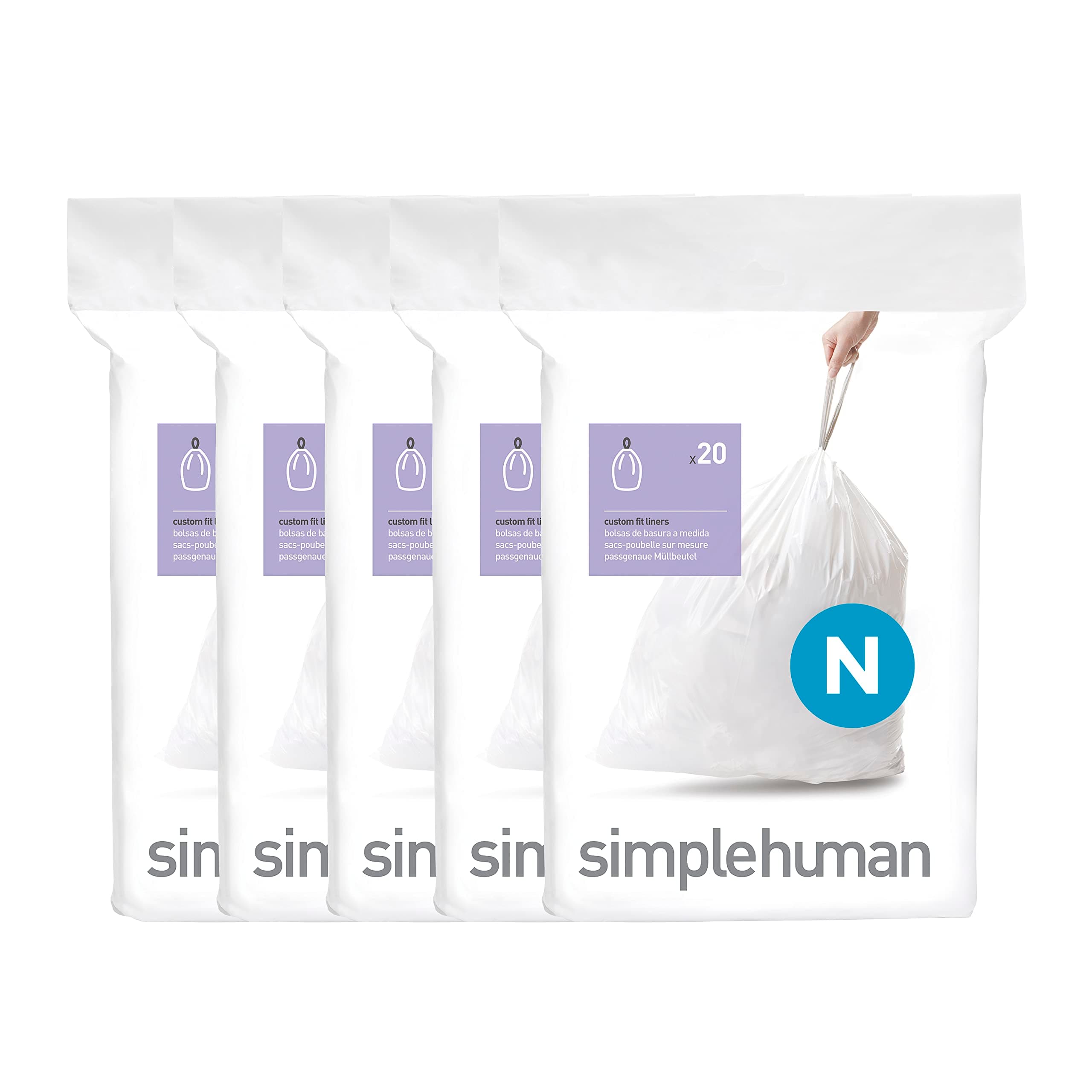 simplehuman Code N 100 Count, Dispenser Pack Custom Fit Liners, Drawstring Trash Bags, 45-50 Liter / 11.9-13.2 Gallon, White