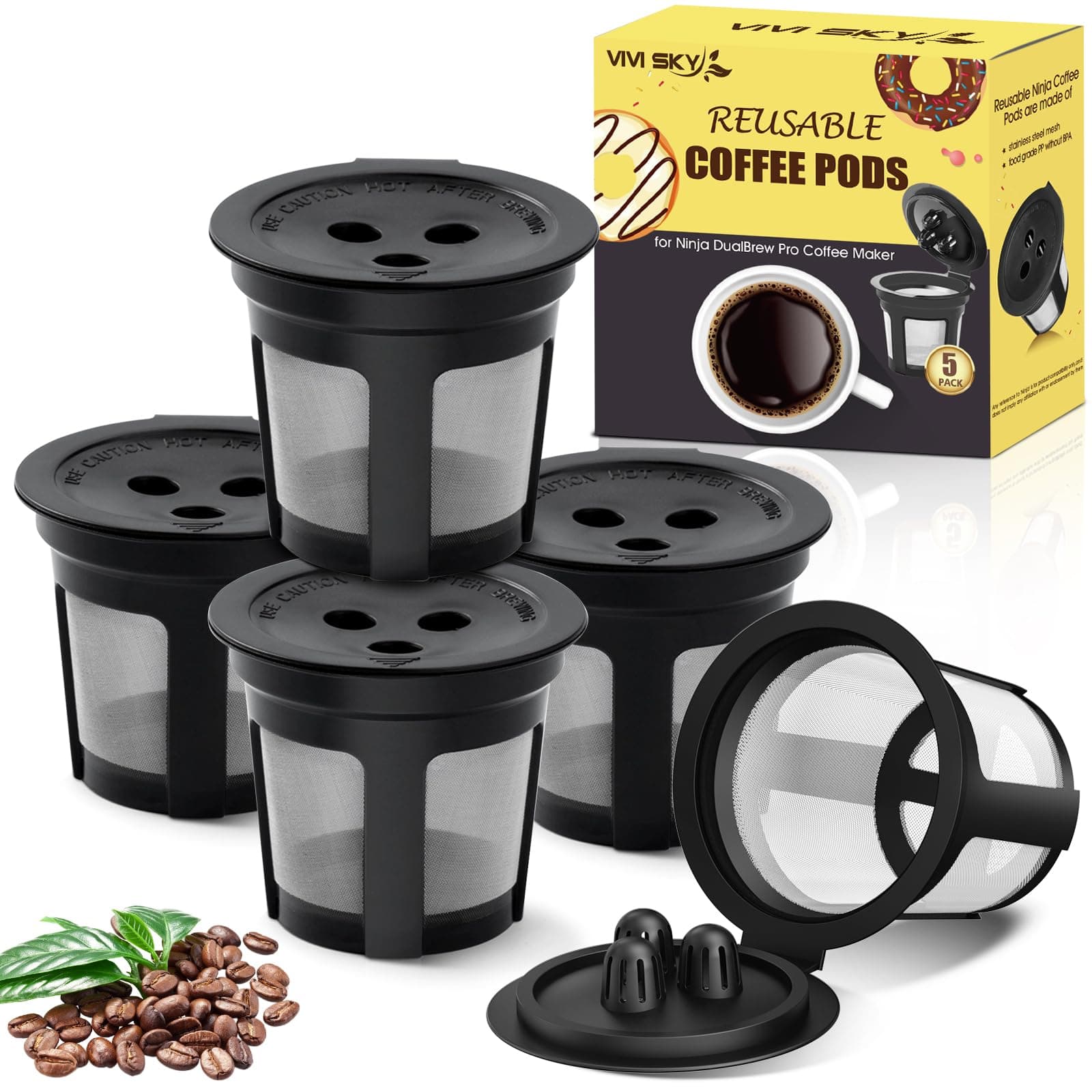 5 Pack Ninja Reusable Coffee Pods: Reusable K Cups for Ninja Coffee Maker - Refillable Coffee Filters for 3-Needle Ninja DualBrew Pro CFP200 CFP201 CFP300 CFP301 CFP305 CFP400（Only for 3-Hole Version)