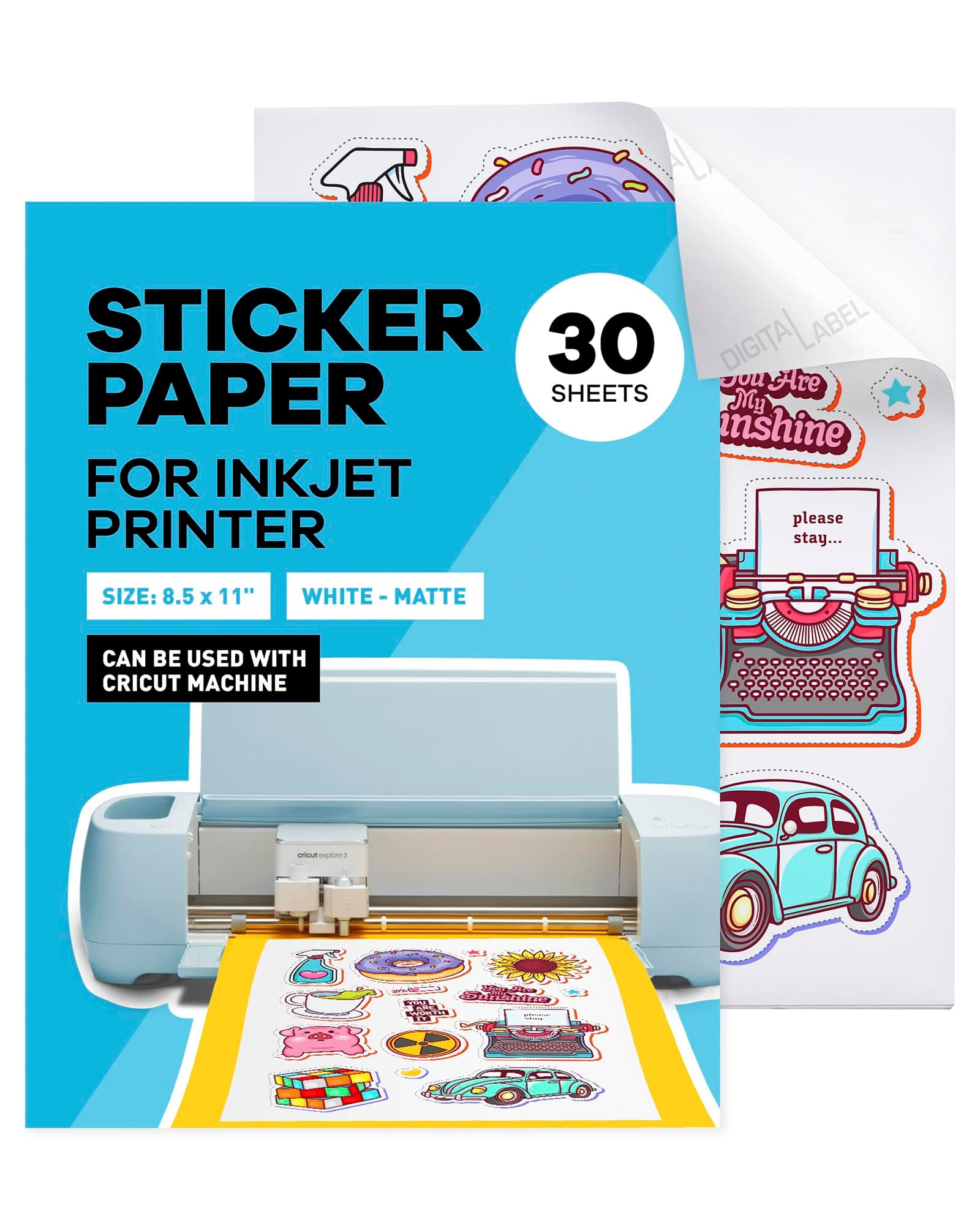 Sticker Paper for Inkjet Printer - (30 Sheets), 8.5 x 11" Letter Size, Matte Sticker Paper - Ideal for Crafting and Printing Vibrant, Long-Lasting Designs