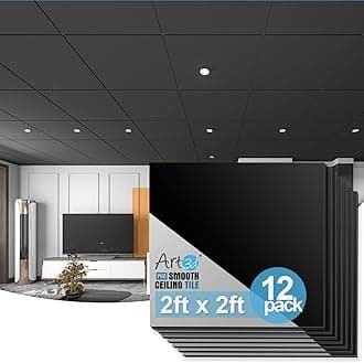 Art3d 12-Pack Smooth Drop Ceiling Tile 60x60 CM - Fire-rated, Waterproof, Reusable - Premium PVC, No Sag and Breakage - Black
