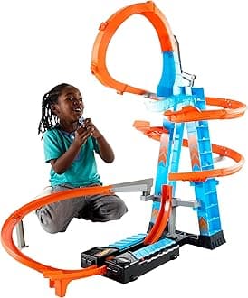 Sky Crash Tower Track Set, 2.5+ ft / 83 cm High with Motorized Booster, Orange Track & 1 Hot Wheels Vehicle, Race Multiple Cars, Gift for Kids 5 to 10 Years Old & Up, Multi
