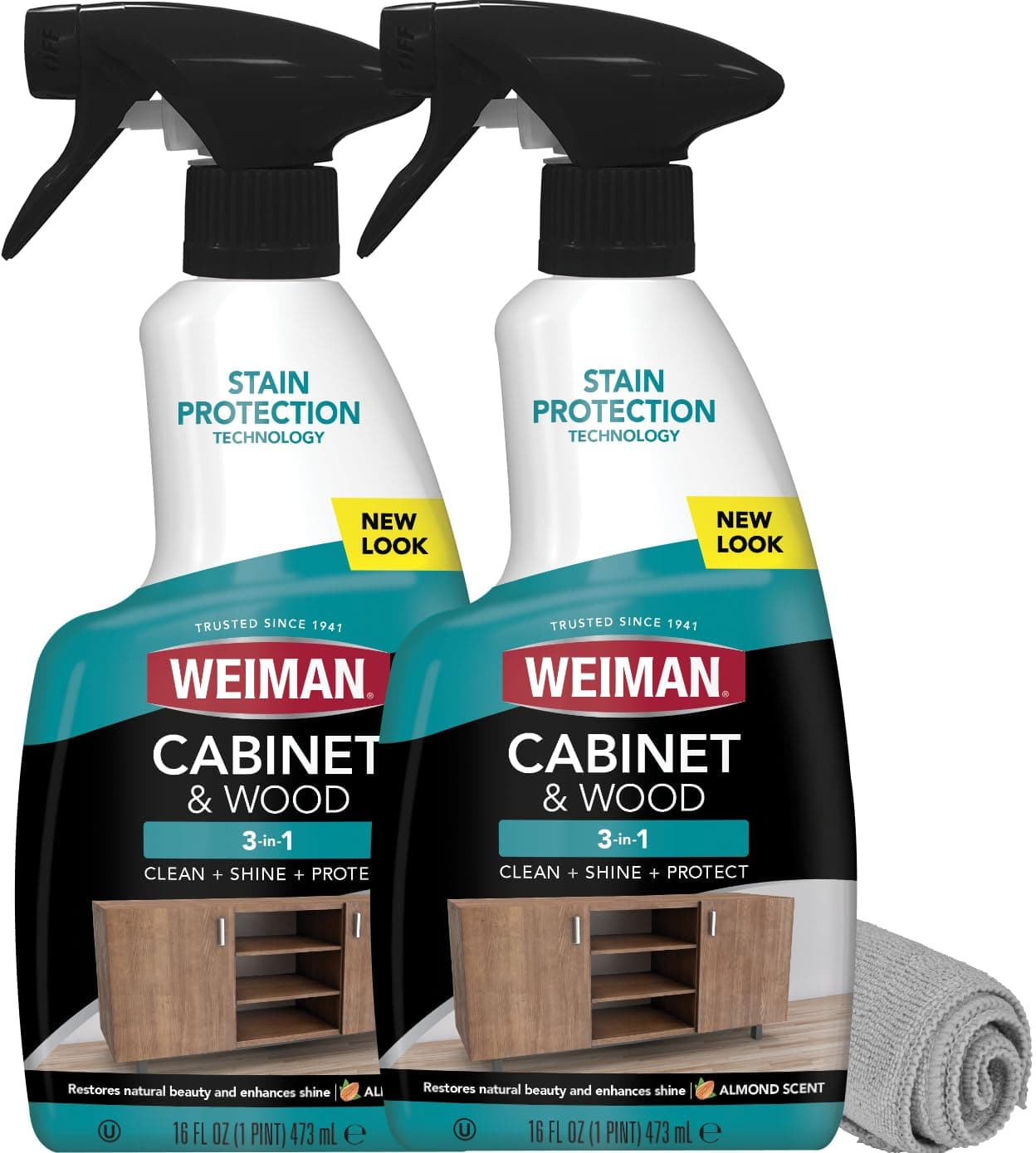 Cabinet and Wood Cleaner, Shine, Clean and Protect Spray - For Wood Cabinets, Furniture, Tables, Baseboards, Trim and more, 16 oz, 2 PACK with MicroFiber Towel