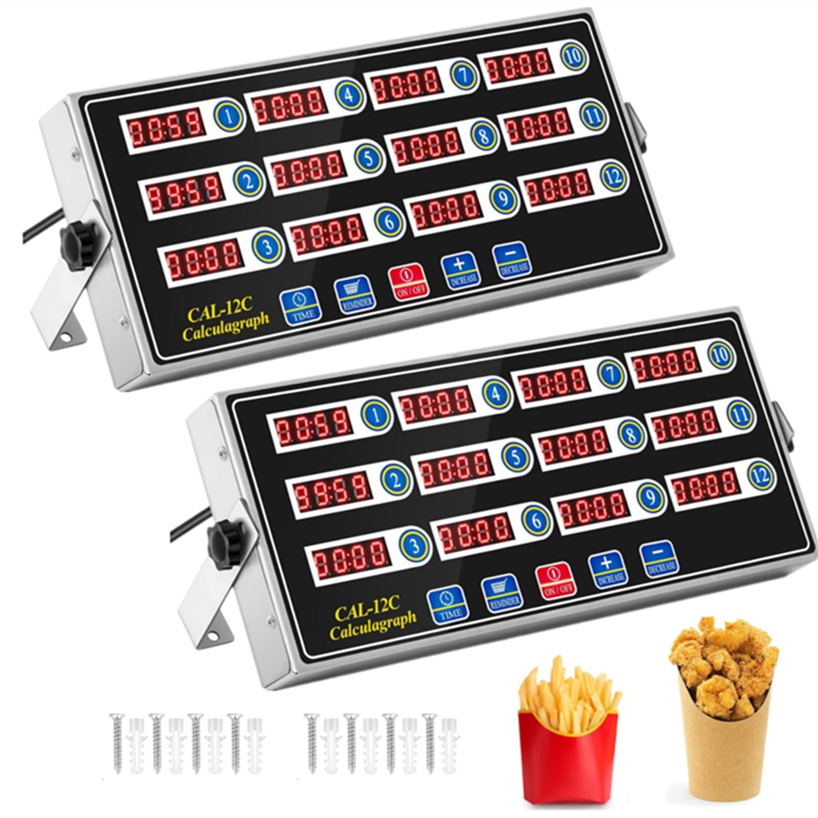 2 Pack Commercial 12 Channel Digital Kitchen Timer, Multi-Countdown Timer with Loud Alarm & Large LCD Display, Wall Mount or Countertop for Restaurant, Fry Station, Baking & Lab Use