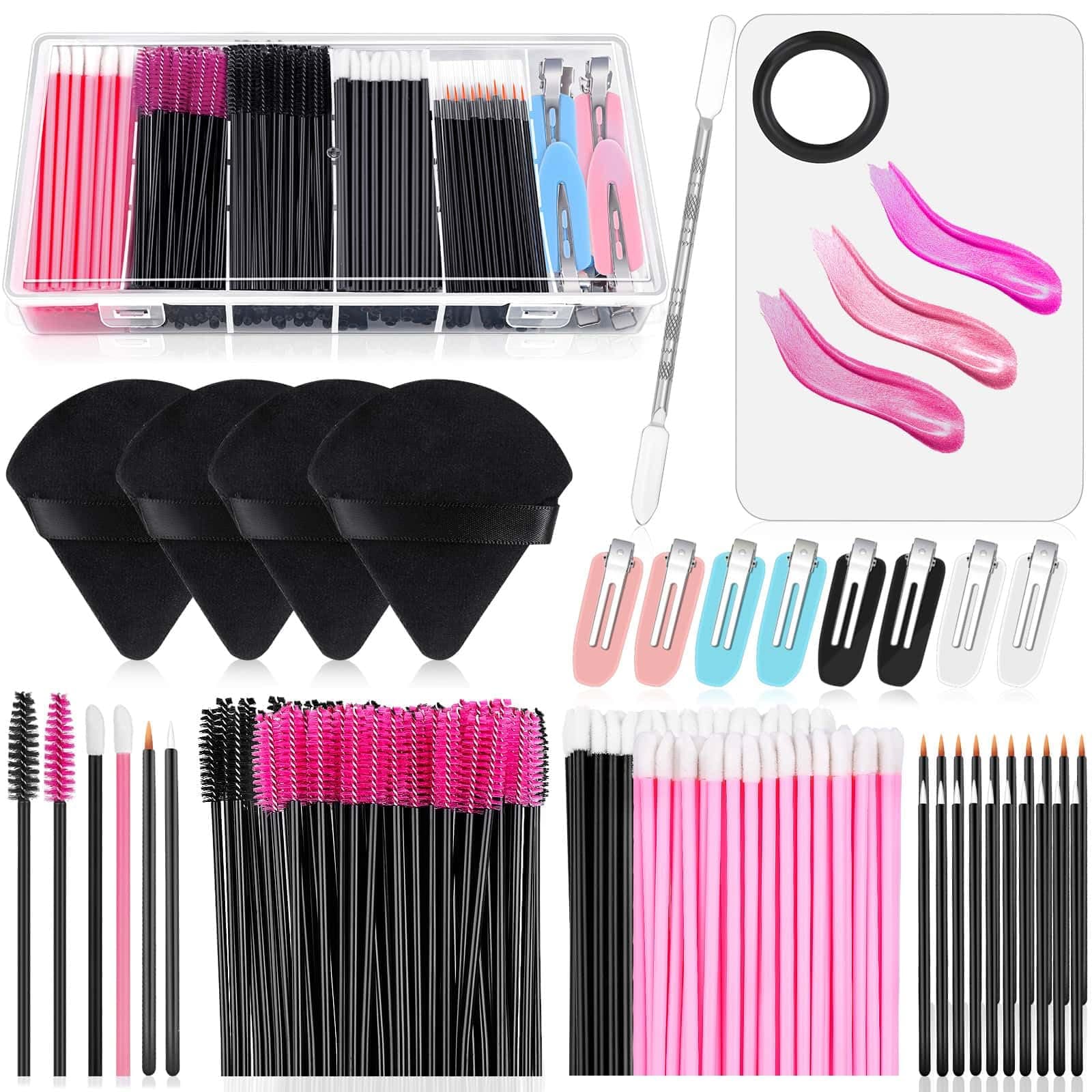 Disposable Makeup Applicators Kit with Triangle Makeup Puff Makeup Mixing Palette Makeup Artist Supplies Disposable Mascara Wands, Lip Brushes, Hair Clips Powder Puffs for Face with Storage Box