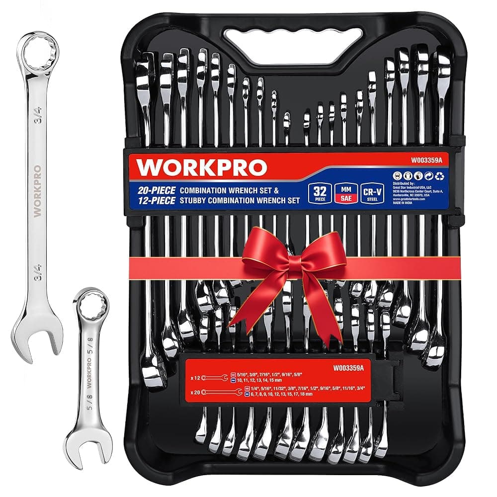 32-Piece SAE & Metric Combination Wrenches Set, 20-Piece Standard wrenches and 12-Piece Stubby Wrenches with Organizer Tray, Cr-V Steel Mirror Chrome Polished
