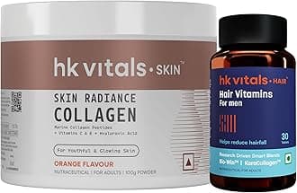 hk vitals Hair Multivitamin with DHT Blockers, Omega & Biotin & Helps Reduce Hair Fall, 30 Multivitamin Capsules with Skin Radiance Collagen Supplement with Biotin, Orange, 100 g