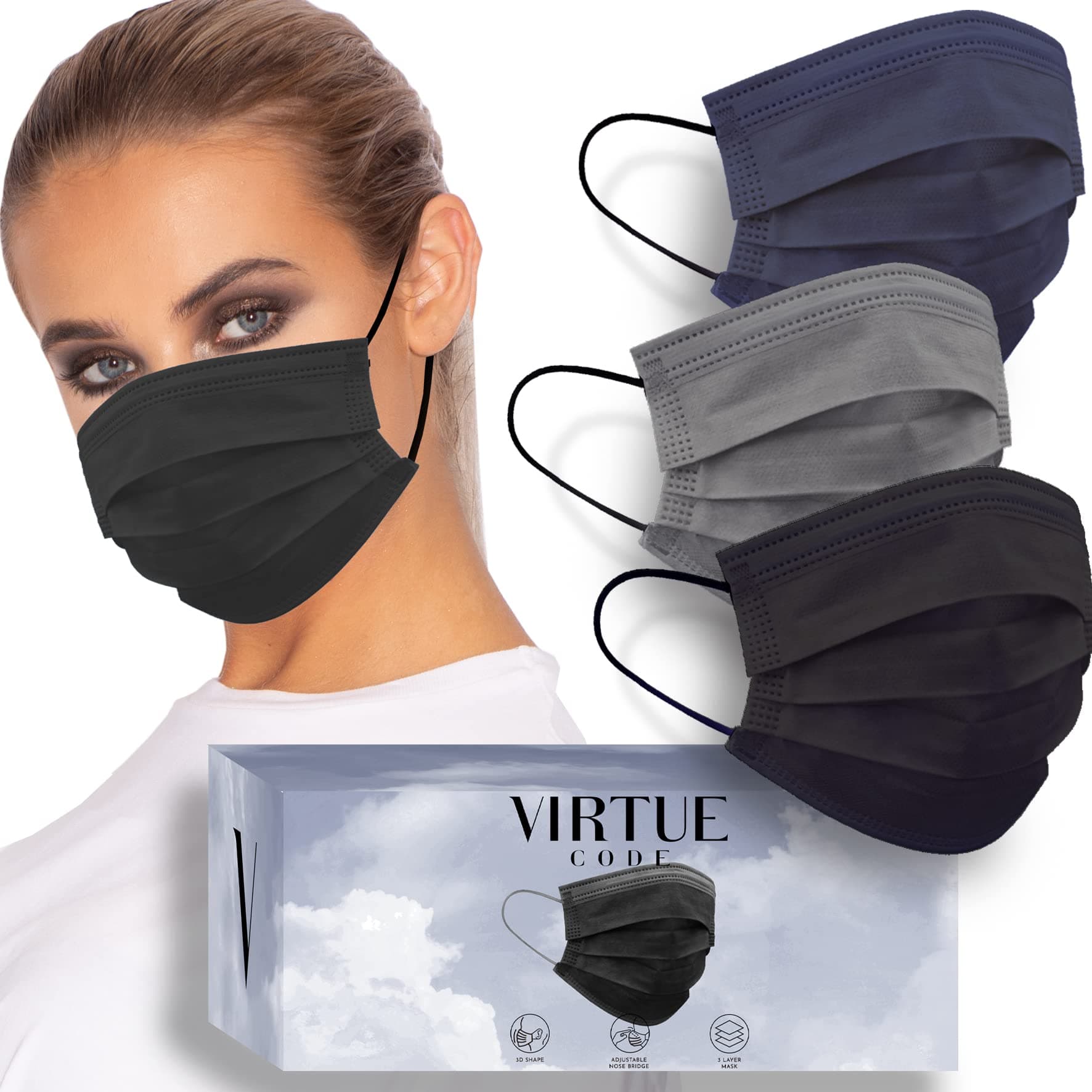 VIRTUE CODE Seamless Essentials Face Masks - Soft 3 Ply Comfort 50 Disposable Face Masks