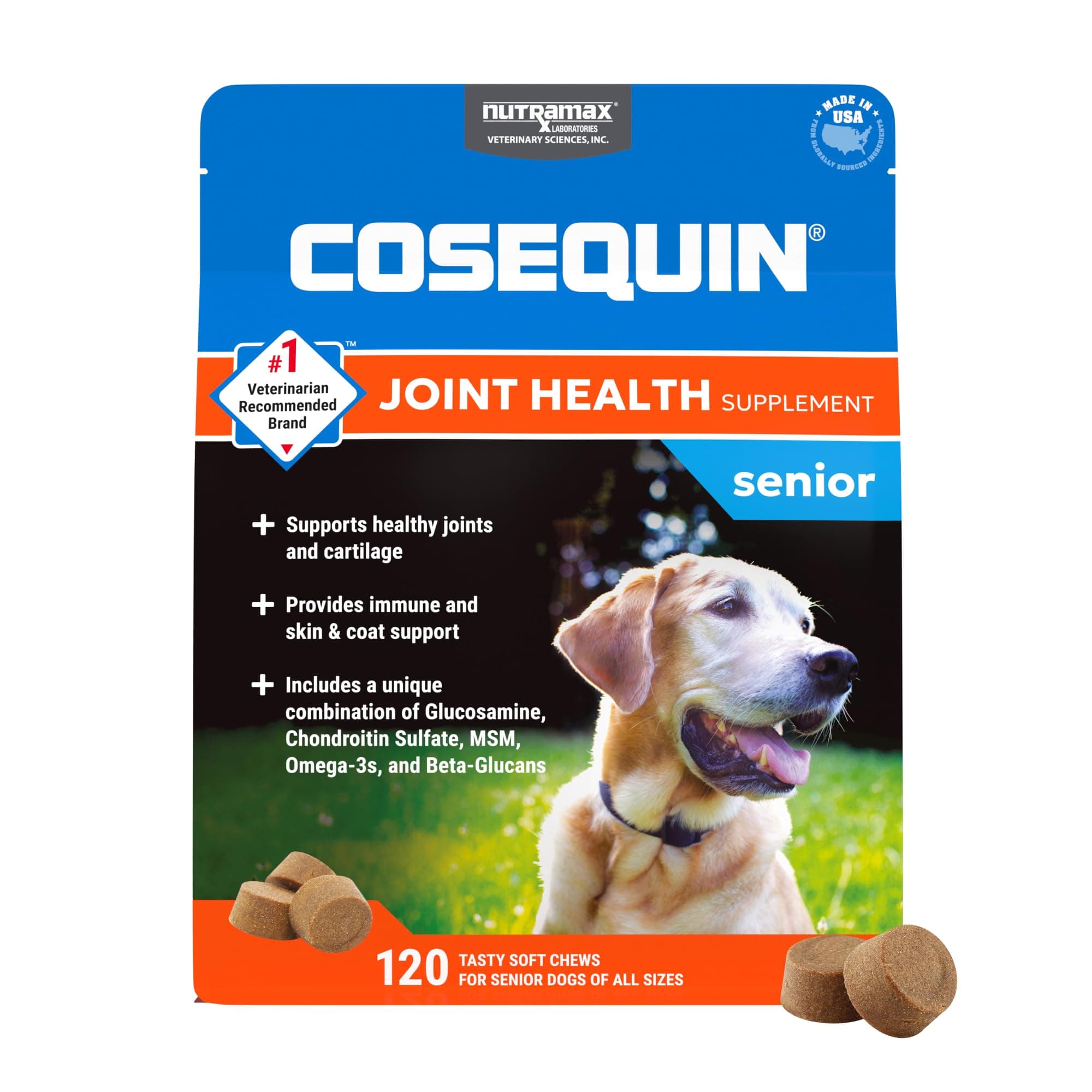 Nutramax Cosequin for Senior Dogs Joint Health Supplement, Contains Glucosamine, Chondroitin, MSM, Omega-3s and Beta-Glucan, Supports Joint, Skin and Coat, Immune Health, Soft Chews, 120 Count
