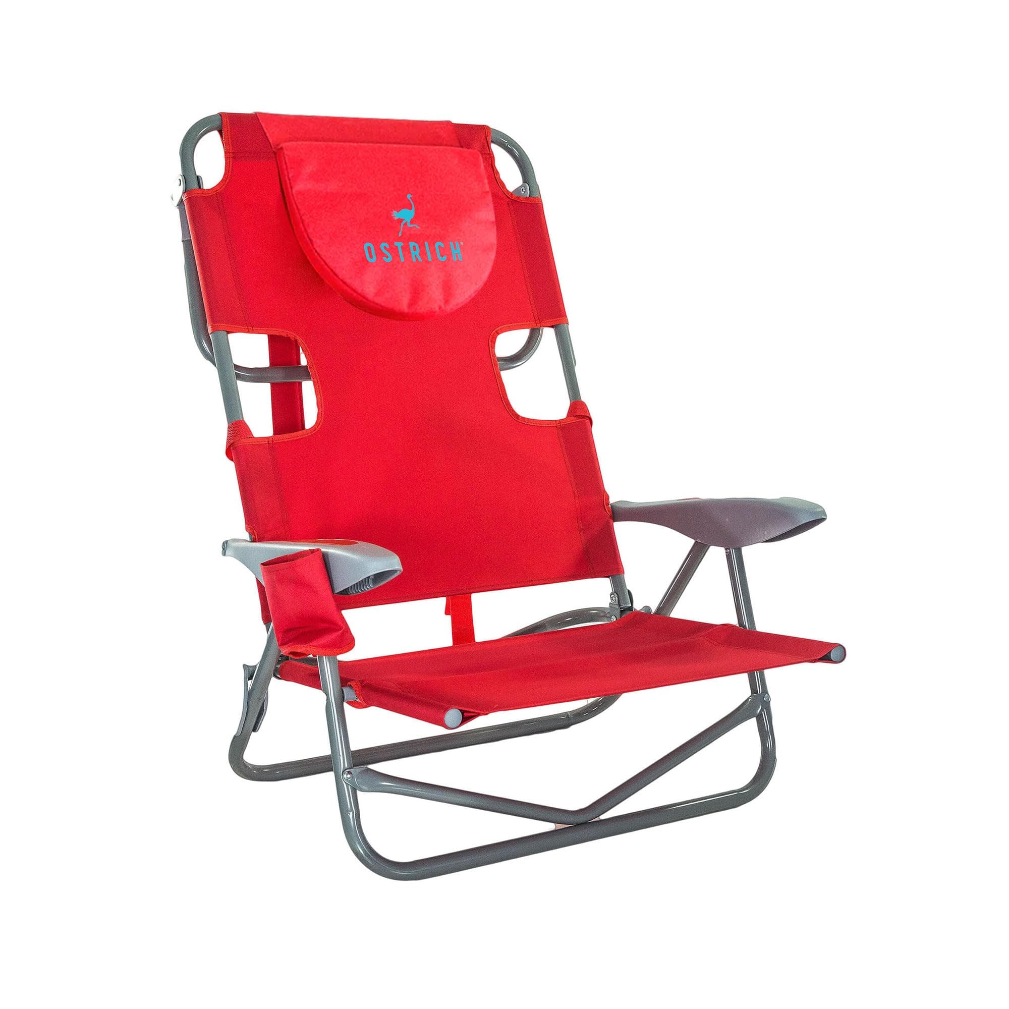 Ostrich The Heavy-Duty Backpacker, Portable Beach Chair with Face Hole, Adjustable Lounge Chair with Face Opening, Cup Holder, & 325lb Capacity, Red