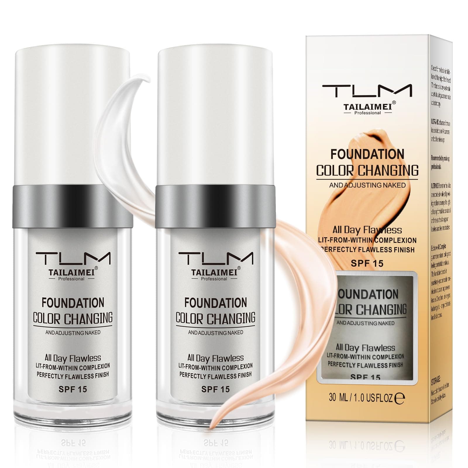 Color Changing Foundation Liquid Base, 2 PACK Flawless Colour Changing Warm Skin Tone Foundation Makeup,BB Cream Makeup Base Concealer Cover Moisturizing Fluid for all Skin Tone SPF15