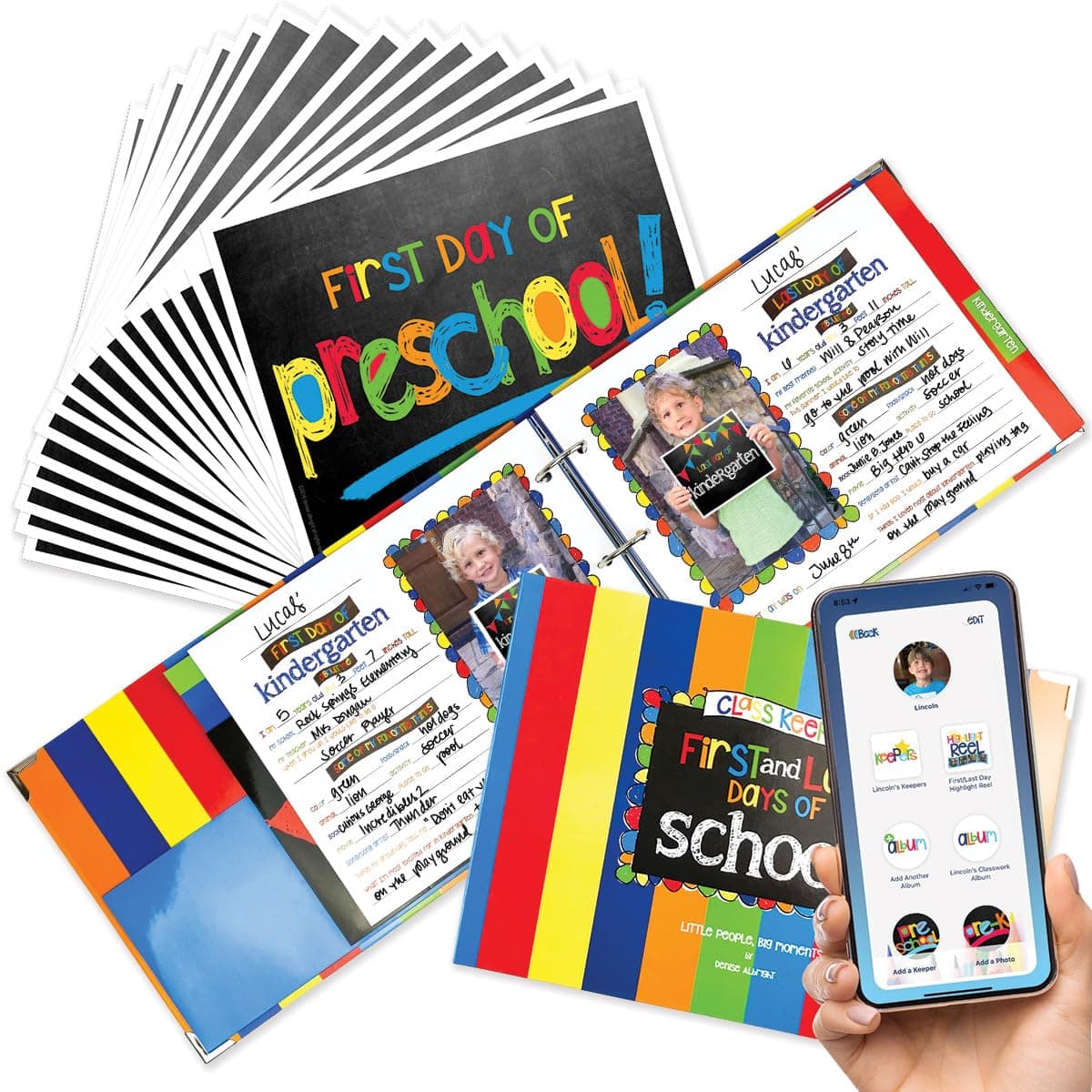 Class Keeper School Memory Book with First and Last Day of School Photo Signs, Primary Stripes Scrapbook Album and Primary Text Photo Props