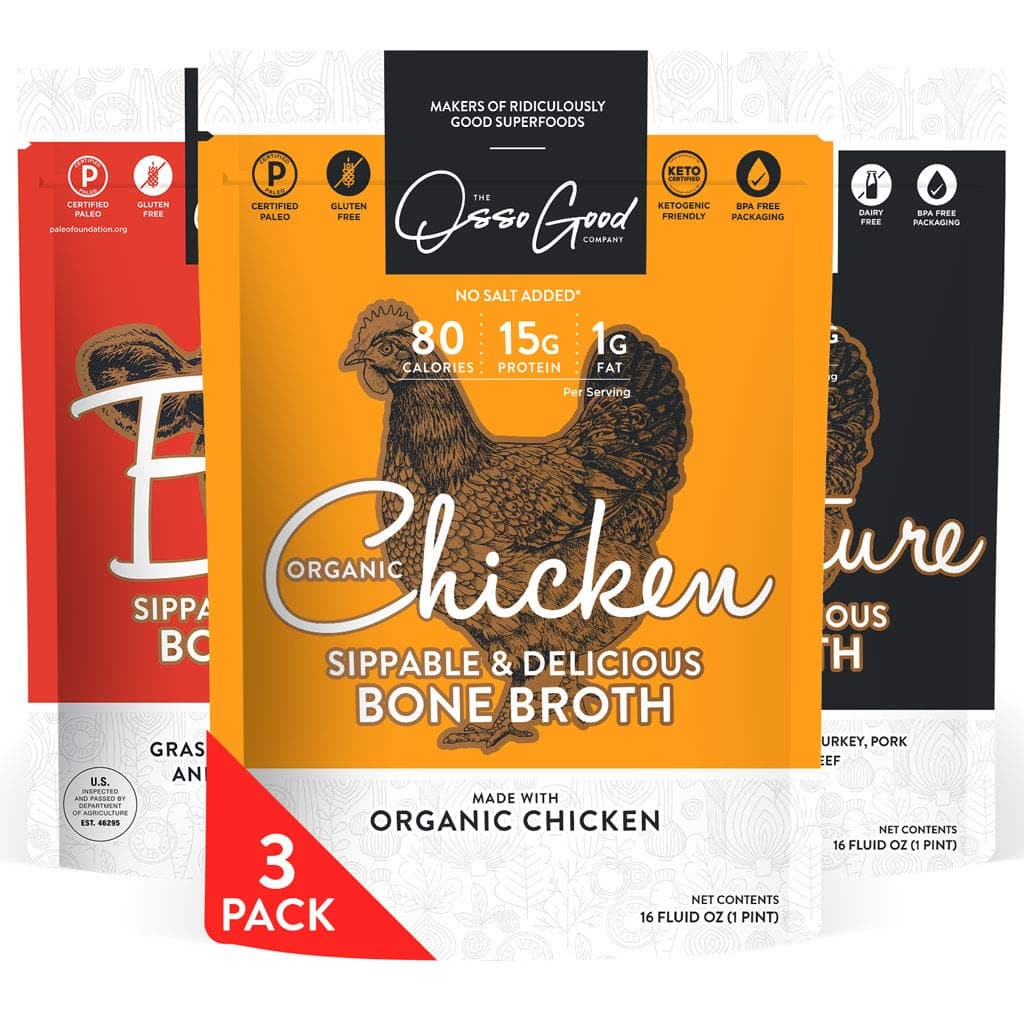 Osso Good Bone Broth Sampler Variety Pack, Classic Flavors, 3 - 16 Ounce Pouches, High in Protein & Collagen, Ships Frozen