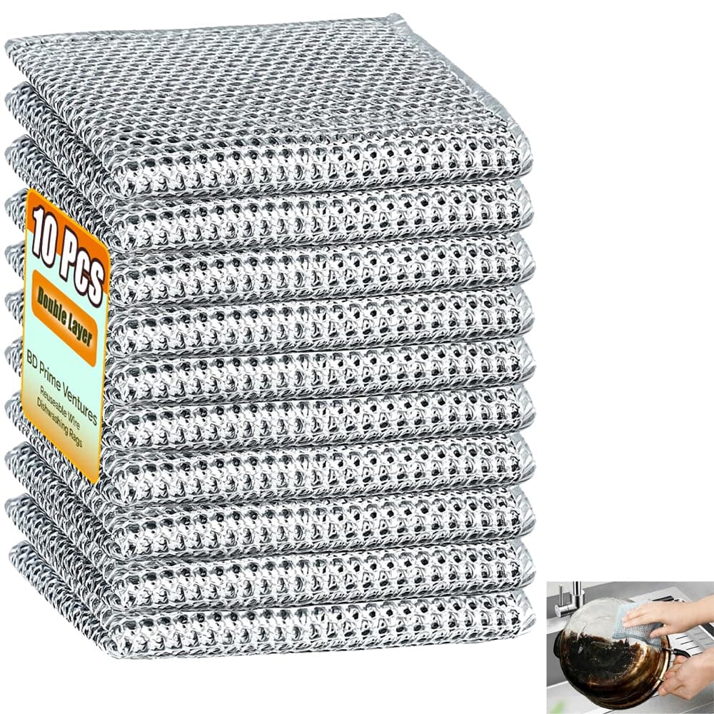 10 Pcs Upgraded Double-Layer Non Scratch Wire Dishcloth, 7.87"×7.87" Reusable Wire Dishwashing Rag, Multi-Purpose Metal Dish Cloth for Wet and Dry, Kitchen Cleaning Cloth, Sinks, Dishes, Stove Top