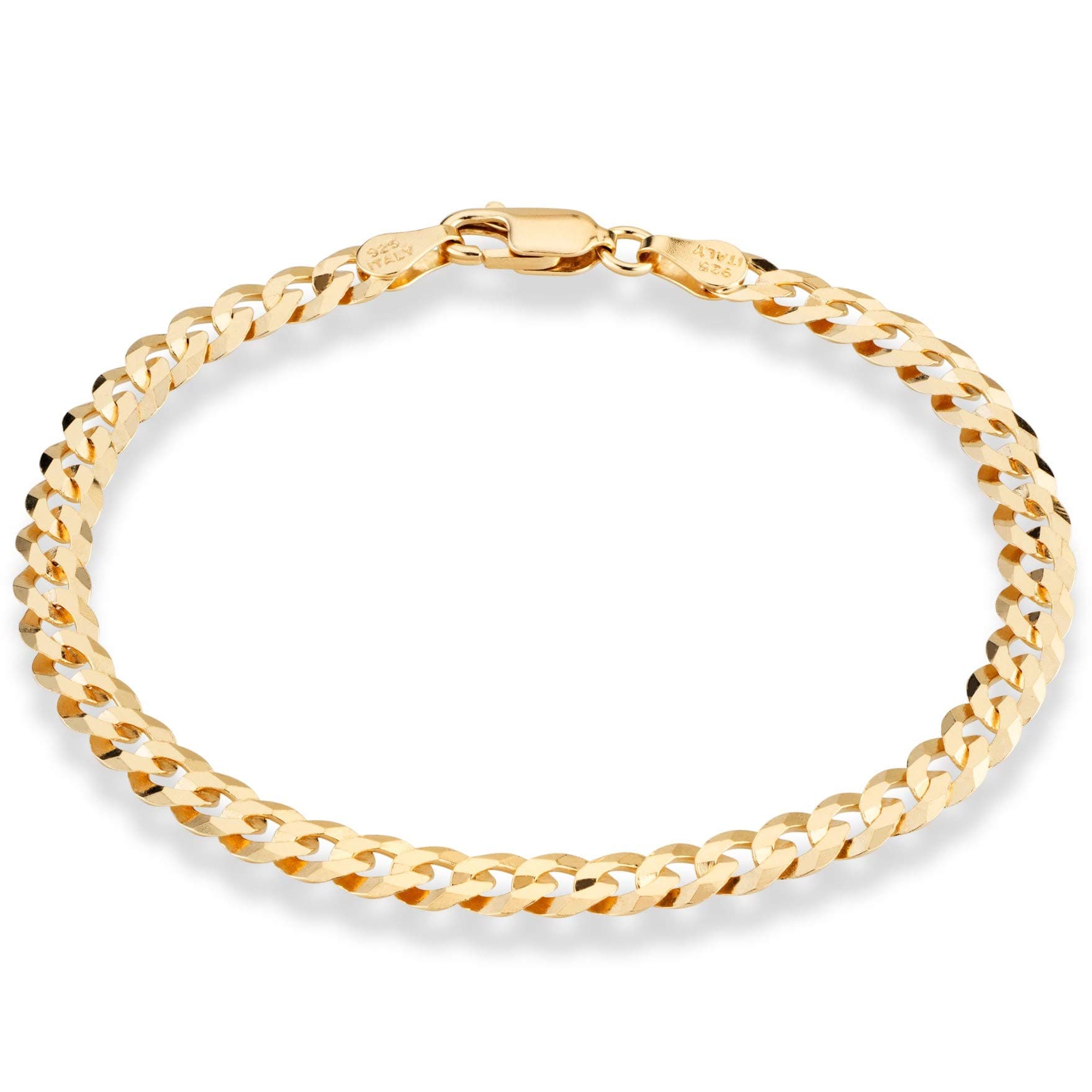 18K Gold Over Sterling Silver Italian 5mm Solid Diamond-Cut Cuban Link Curb Chain Bracelet for Men Women, 925 Made in Italy
