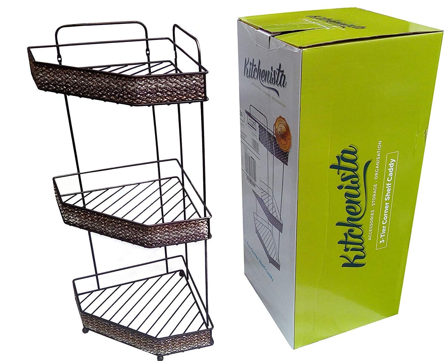 3-Tier Bathroom & Kitchen Corner Shelf Caddy in Brown 33.7 x 24 x 57.5cm
