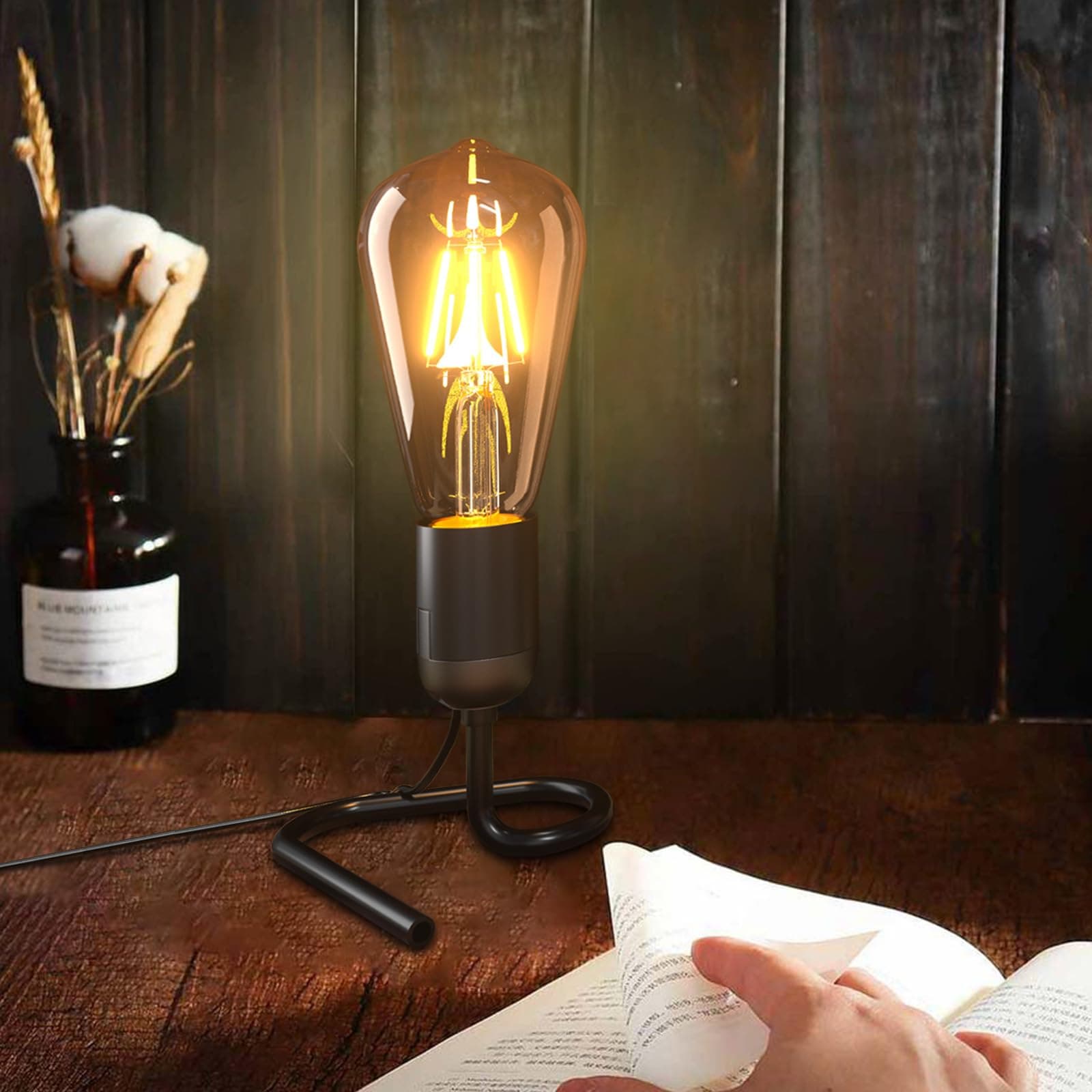 Retro Table Lamp with E27 Base, Triangular Vertical Iron Lamp Holder, 50W Max, 1.8m Cable, E27 Led Light Bulb 4W Include, AC220-240V, Black