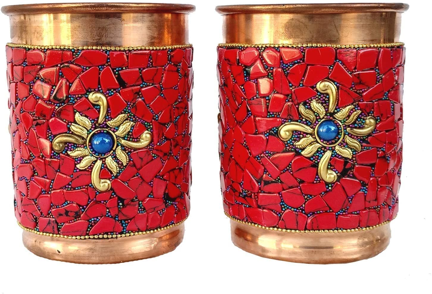 Rastogi Handicrafts Pure Copper 2 Glass Drink Ware Set Tableware Outer Red Stone Work Decorated Tumbler