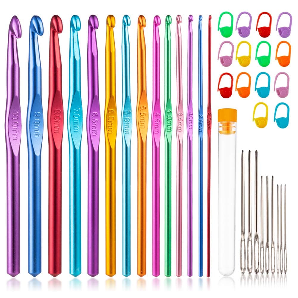 Tiiduo Crochet Hooks Set, 37 PC Colored Aluminum, Ergonomic Handle, with Stitch Markers and Large-Eye Blunt Needles, Sizes 2.0mm-10.0mm