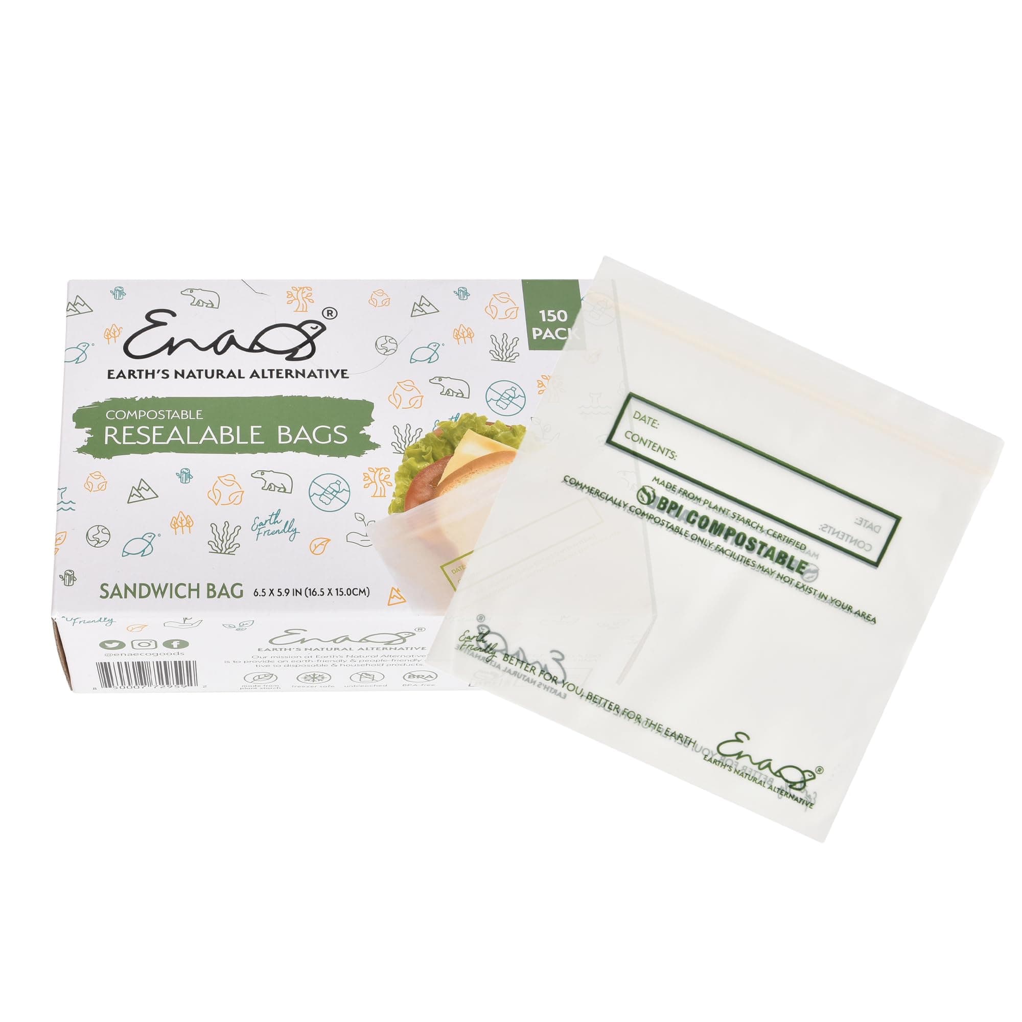 100% Compostable Food Storage Bags [Sandwich 150 Pack] Eco-Friendly Freezer Bags, Resealable Bags, Heavy-Duty, Reusable, by Earth's Natural Alternative, off white | Compostable
