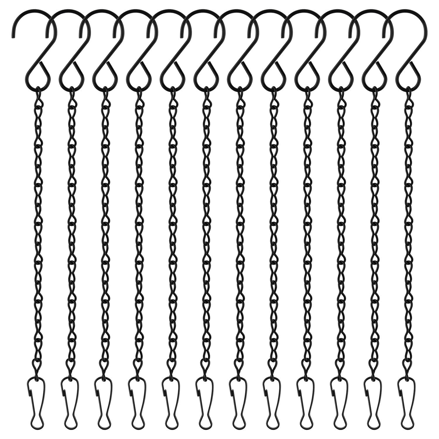 FEPITO 12 Pack Black Hanging Chains, 10 Inch Hanging Basket Chains, Garden Plant Hangers Metal Chains with Hooks Clips for Bird Feeders, Wind Chimes, Lanterns, Planters, Decorative Ornaments