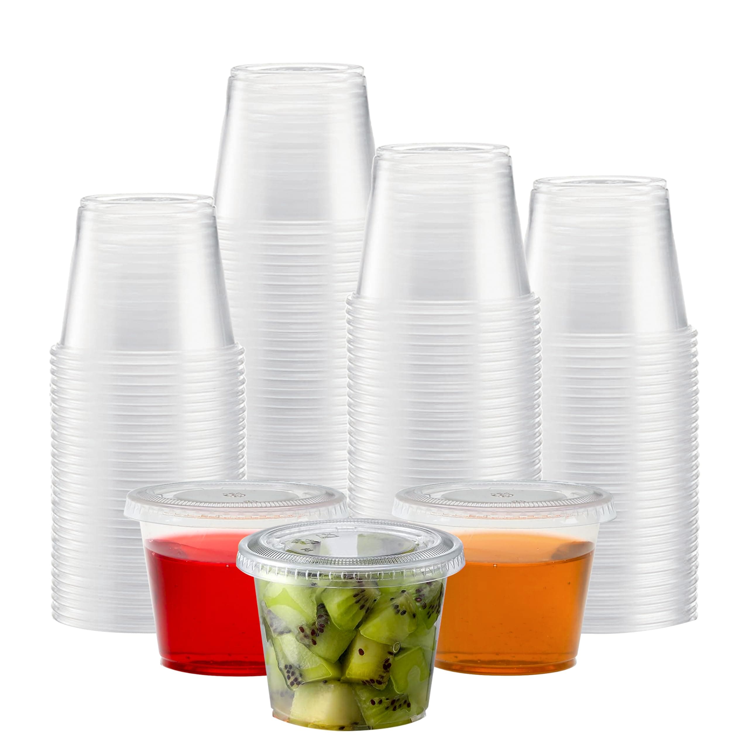 TashiBox Plastic Portion Cups with Lids [5.5 oz-100 Sets] Souffle Cups, Jello Shot Cups, Condiment Sauce Containers For Sampling, Sauce, Snack or Dressing