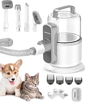 Dog Vacuum Grooming Kit for Shedding: Professional Hair Clippers Pet Groomer - Strong Suction Cleaner Deshedding Tool Fur Brush Attachment Trimmer for Home Cat (Off-White)