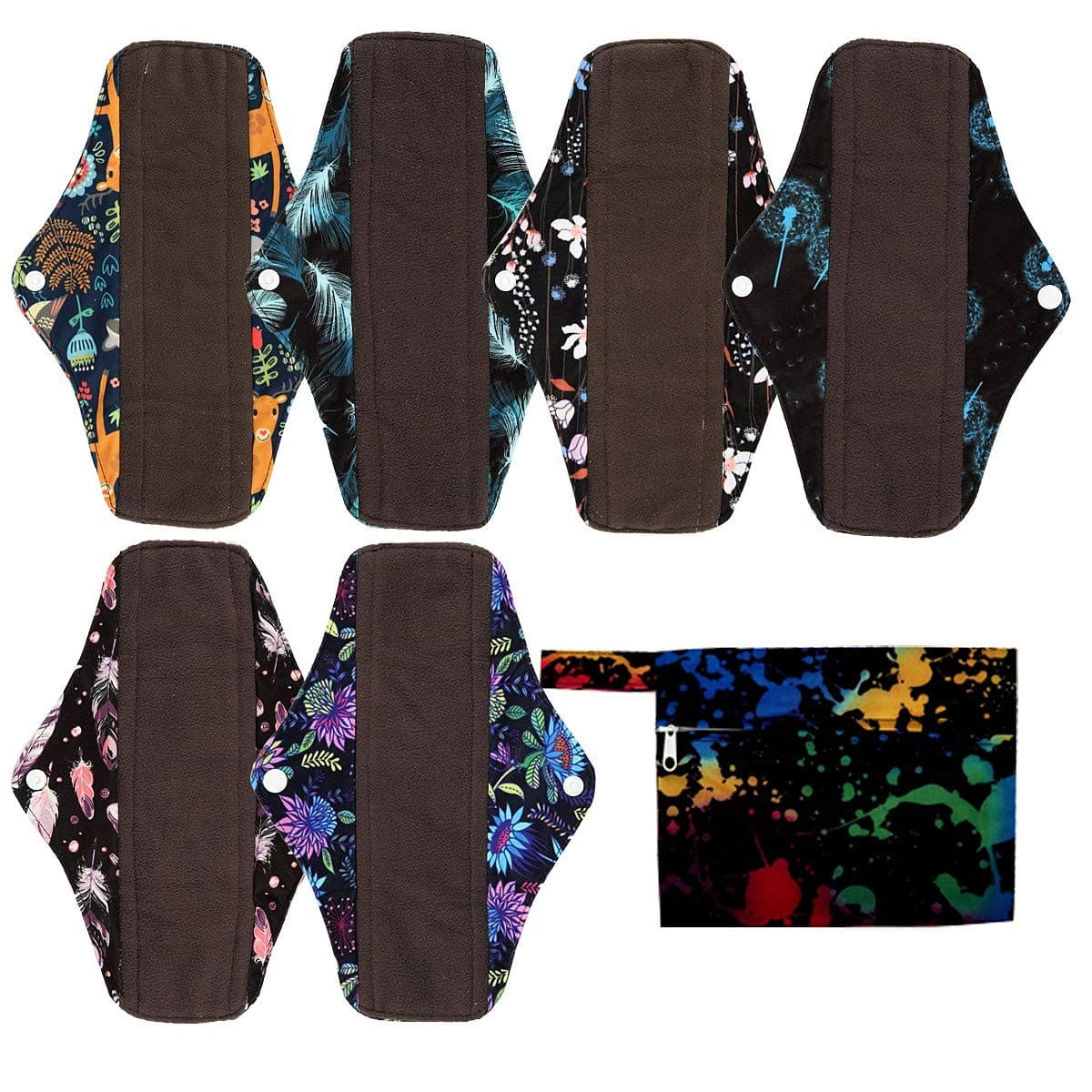 7pcs Set 1pc Mini Wet Bag +6pcs 10 Inch Regular Cloth Mama Cloth/Menstrual Pads/Reusable Sanitary Pads(Ink)