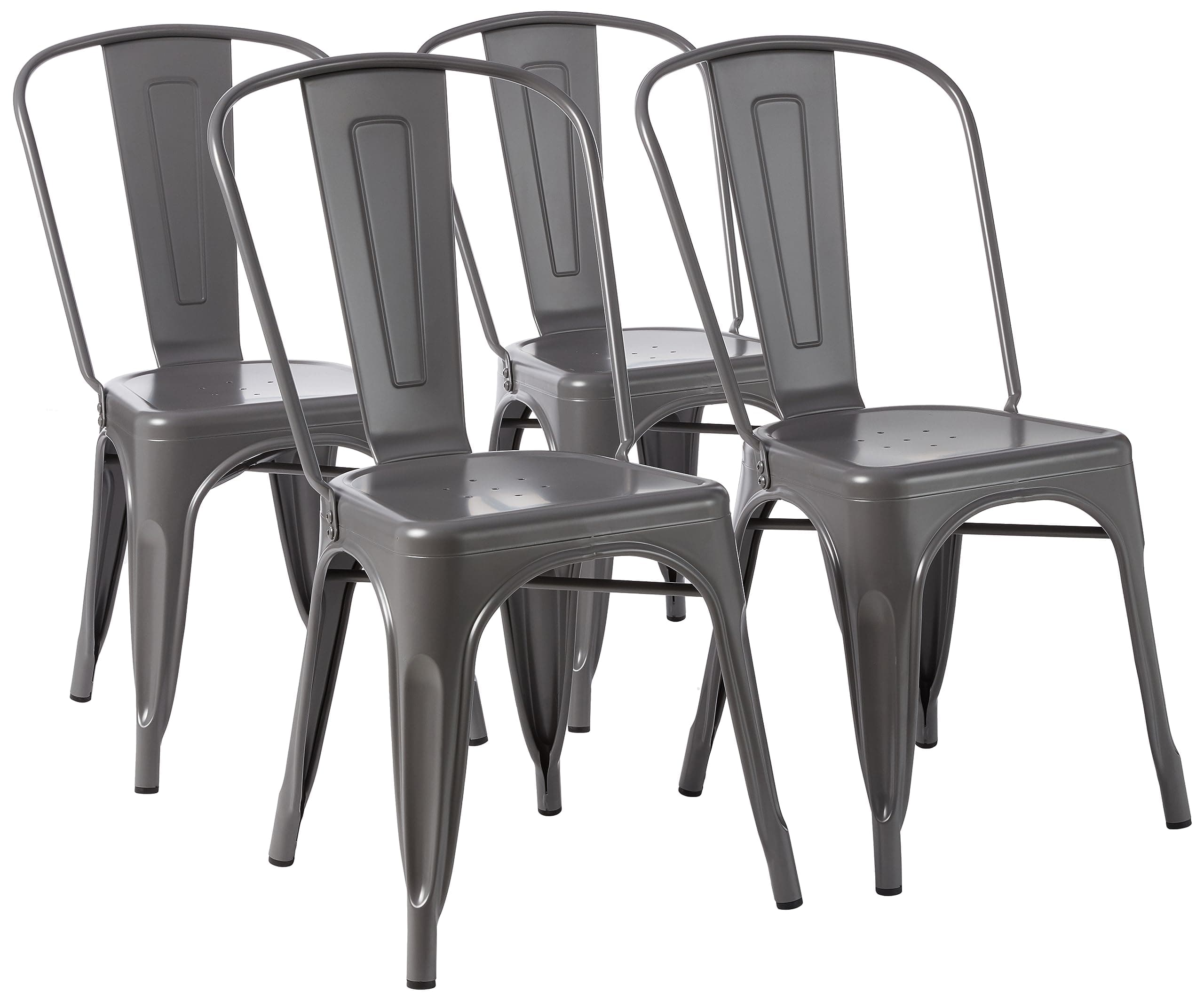 – Amazon Basics Set of 4 Grey Metal Dining Chairs, with Backrest, Stackable, Bistro, Kitchen, Indoor & Outdoor, 51 x 43 x 85 cm