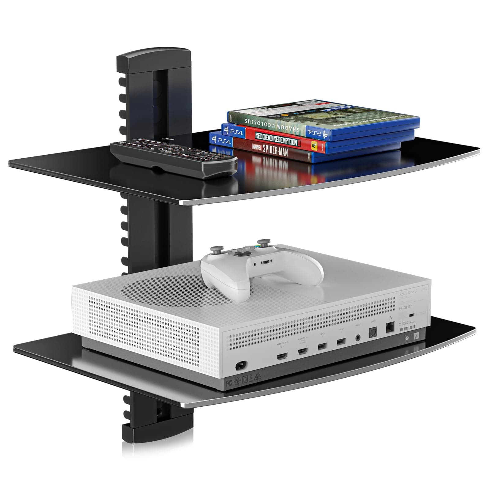 Speaker Mount, Floating Glass Shelf Wall Mount Bracket for DVD Players/Cable Boxes/Games Consoles/TV Accessories, 2 Shelves, Black CS202