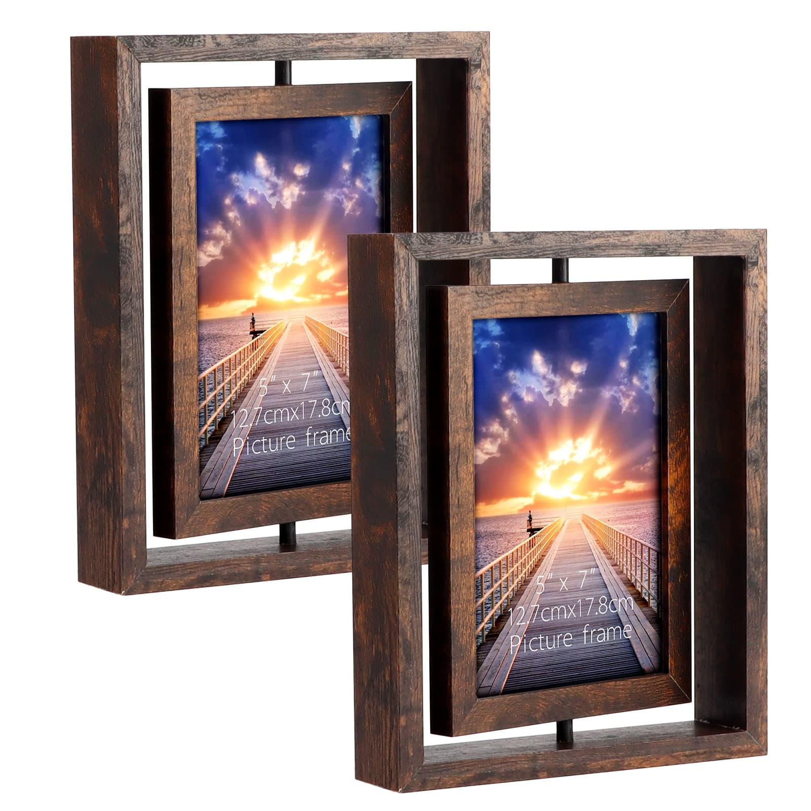 2 Pack 5x7 Rustic Rotating Picture Frames, Photo Frames for Vertical or Horizontal Tabletop Display, Brown