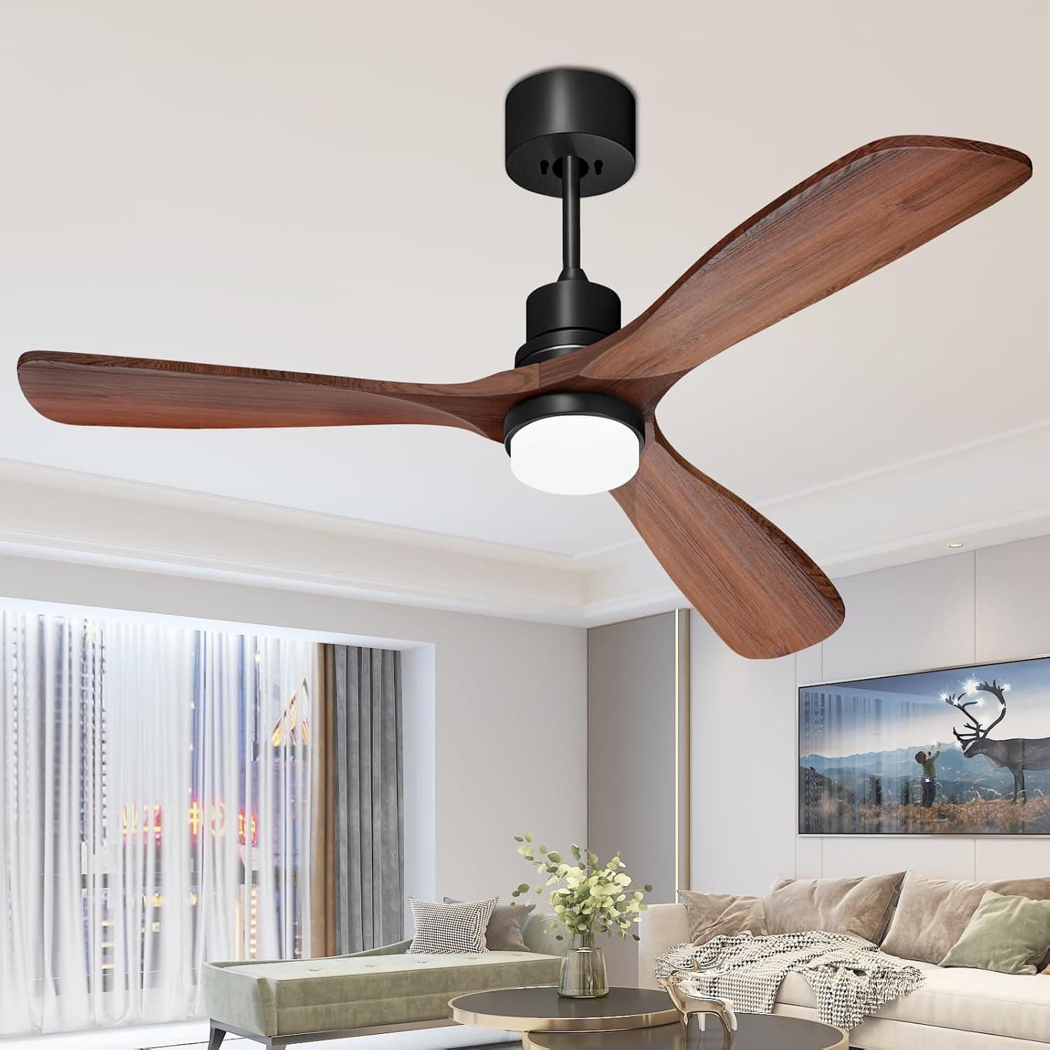 Obabala 52 Inch Ceiling Fans with Lights and Remote Control-Outdoor Ceiling Fan Walnut Wood 3 Blade for Bedroom Living Room Indoor Farmhouse Patio, Reversible Noiseless DC Motor