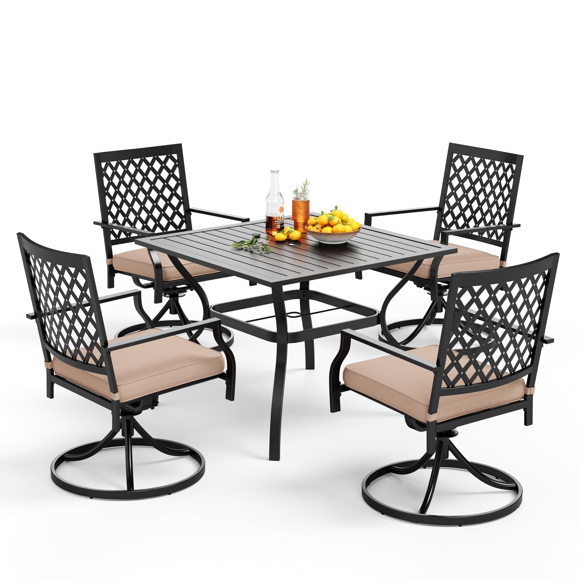 PHI VILLA 5 Pieces Outdoor Dining Set for 4, 37" Black Metal Table with Umbrella Hole & Swivel Wrought Iron Chairs with Cushions, Outside Furniture for Patio, Deck, Yard, Porch