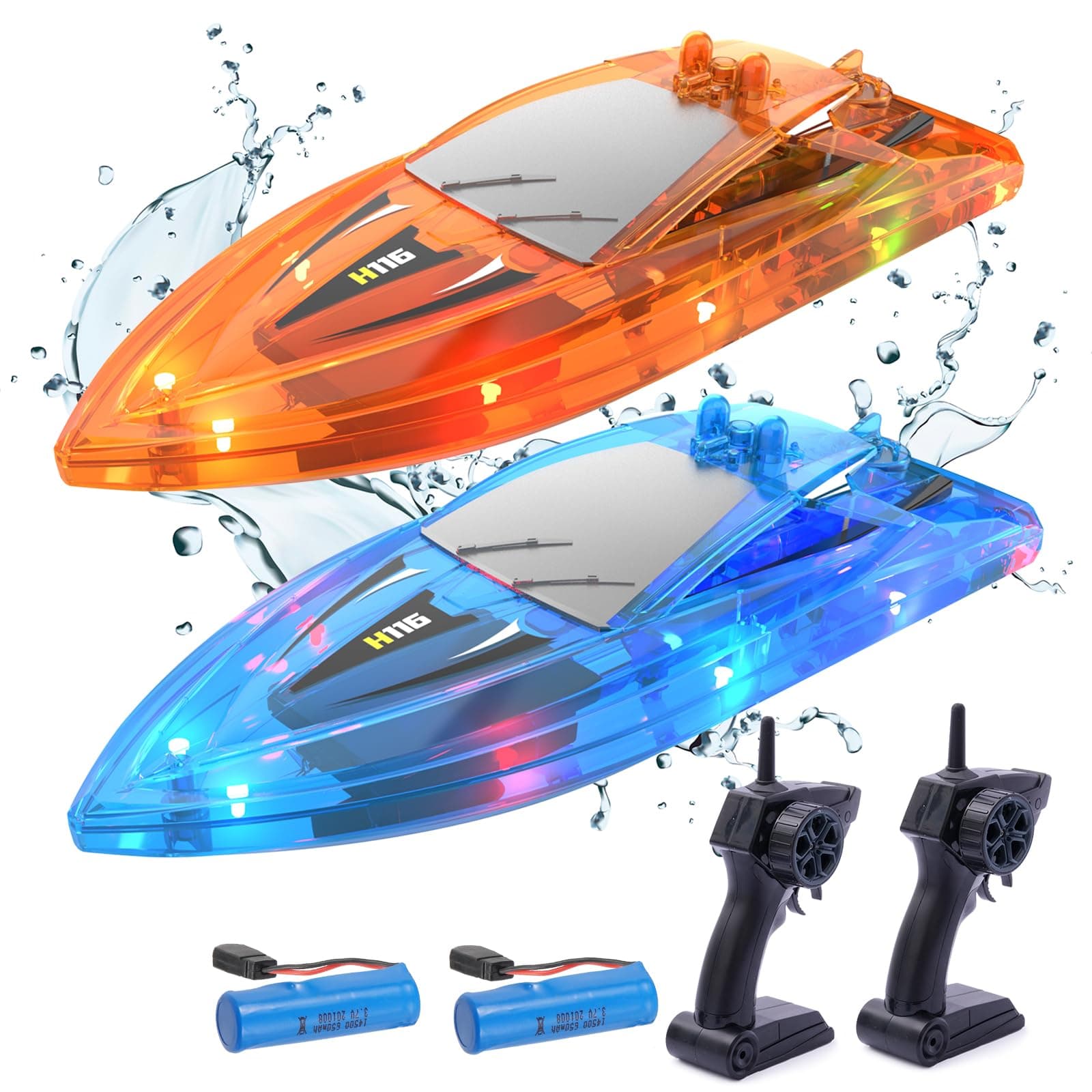 2Pack LED Light RC Boat Remote Control Pool Water Toys for Kids Ages 8-12 Adults Lakes Bathtub Toy with Whole Body Waterproof,Low Battery Alarm,2.4Ghz,Control Range 50M,Rechargeable Battery