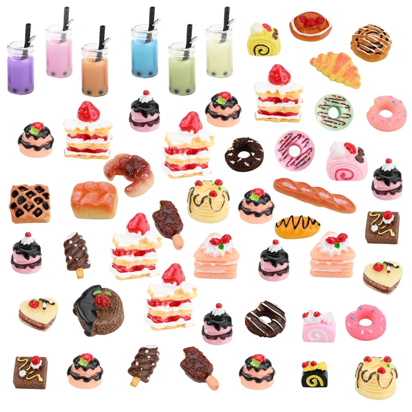53 Pieces Miniature Food Models, Include Cake Bread Ice Cream Doughnut Drinks, Resin Mini Food Drink, Miniature Dollhouse Set, Miniature Kitchen Accessories, Pretend Play Food Set