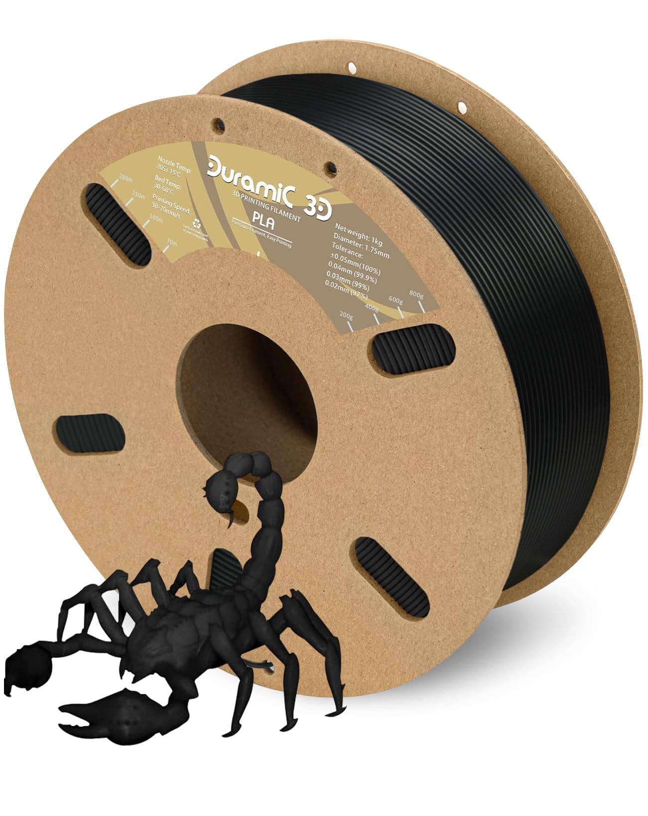 DURAMIC 3D Printer Filament PLA 1.75mm 1kg Cardboard Spool(2.2 lbs) Dimensional Accuracy +/- 0.03 mm Black