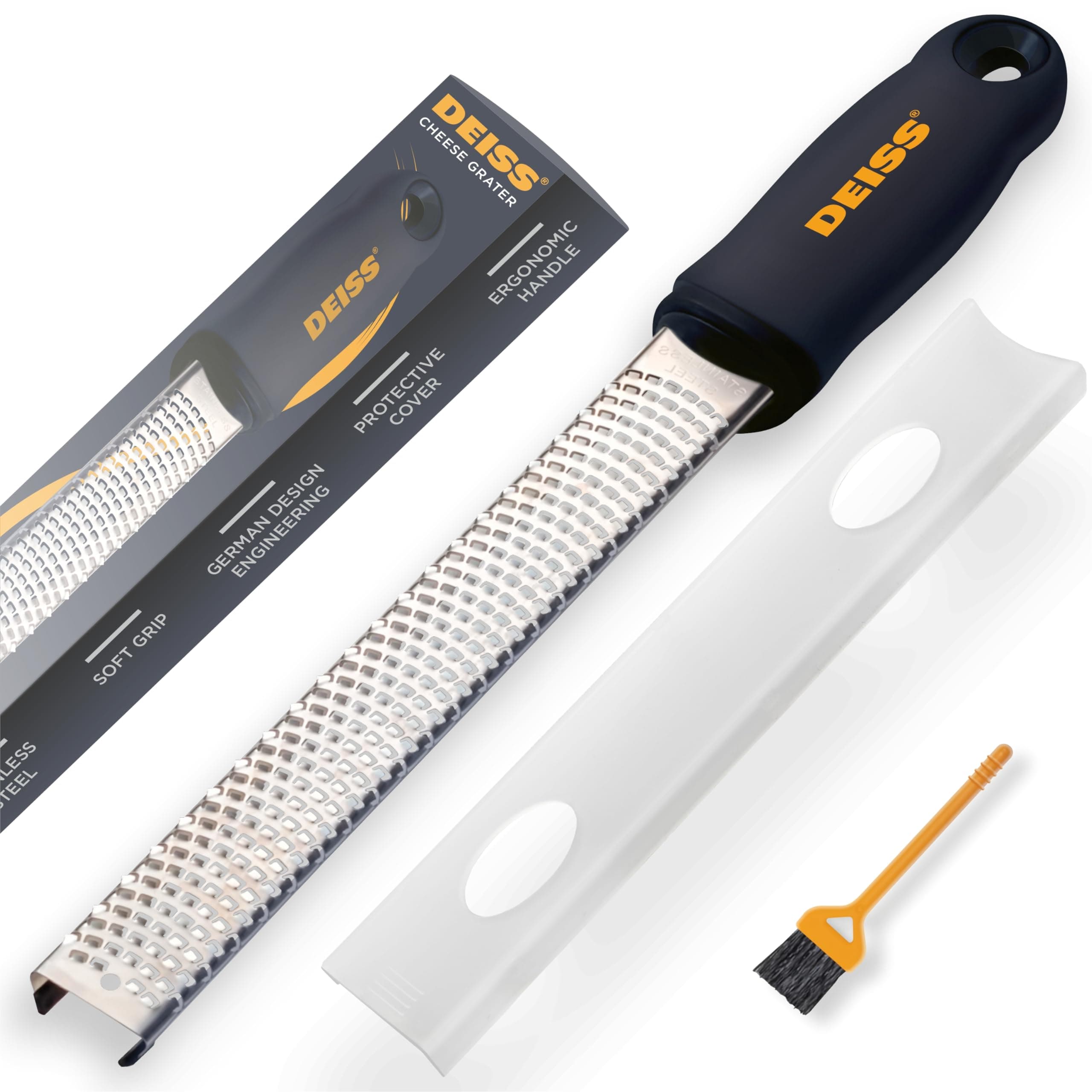 Deiss®PRO Lemon Zester & Cheese Squeezer - Parmesan, Lemon, Ginger, Garlic, Nutmeg, Chocolate, Vegetables, Fruit - Sharp Stainless Steel Blade + Protective Cover - Dishwasher Safe (Orange, Narrow)...