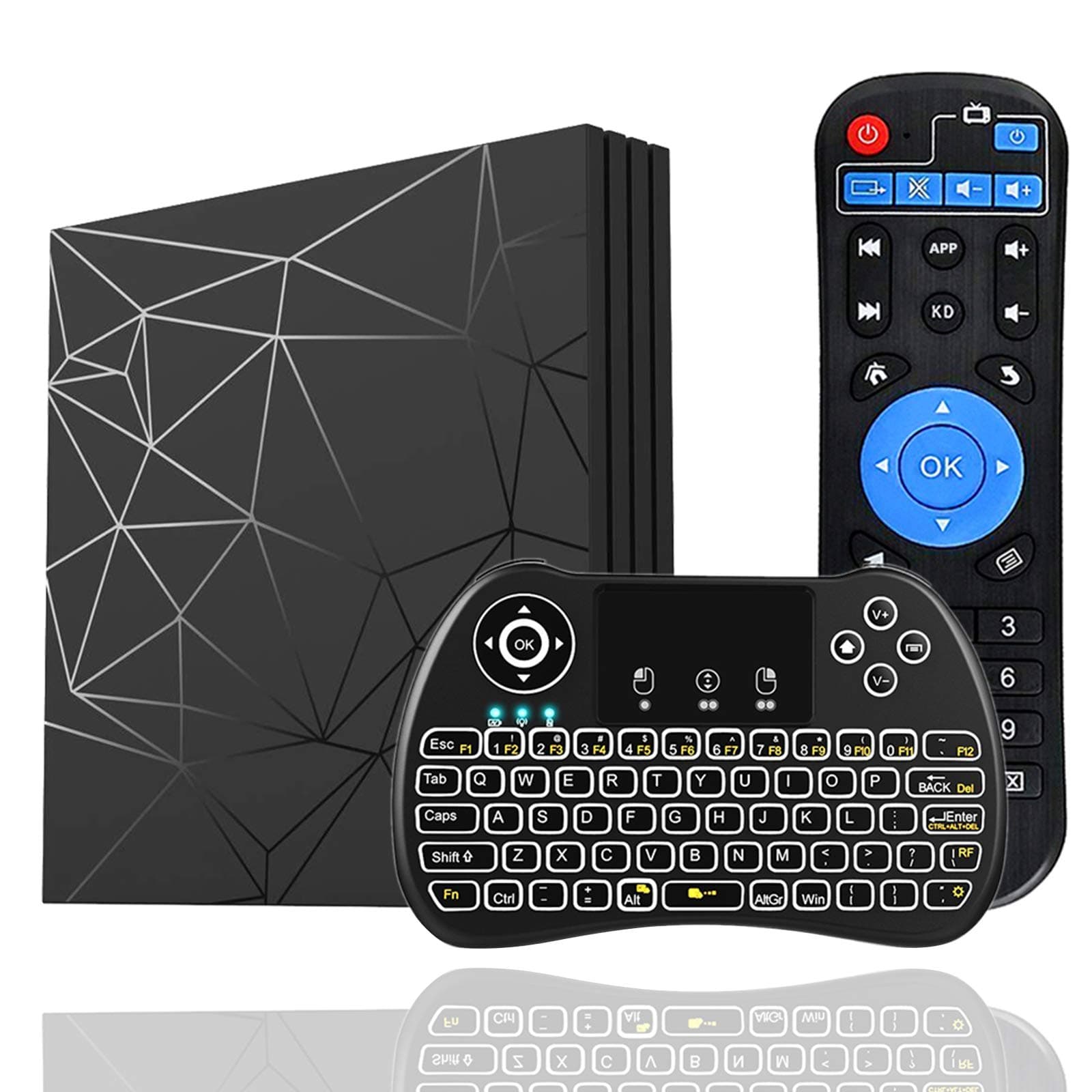 Android 9.0 TV Box［4GB+64GB］EVANPO Quad Core Smart TV Box Android Media Player Support USB 3.0/ 3D/ 4K/ 6K/ H.265/ 2.4G WiFi Set Top TV Box with Mini Keyboard (Backlit)