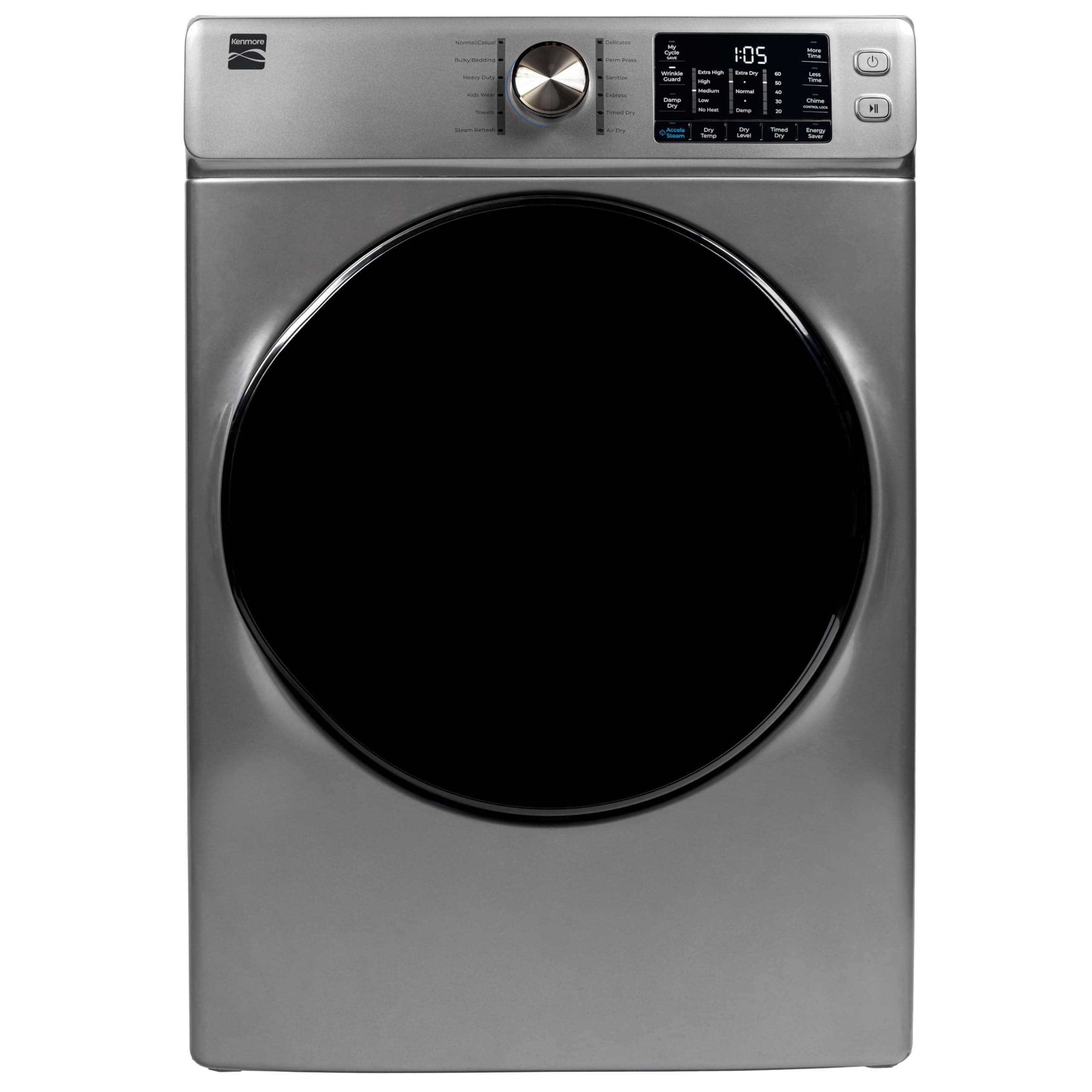 Kenmore 8.0 cu. ft. Front Load Electric Dryer with Wrinkle Guard & Accela Steam to Reduce Wrinkles, Static & Odors - Smart Sensor Drying - LED - ENERGY STAR Certified - Metallic Silver