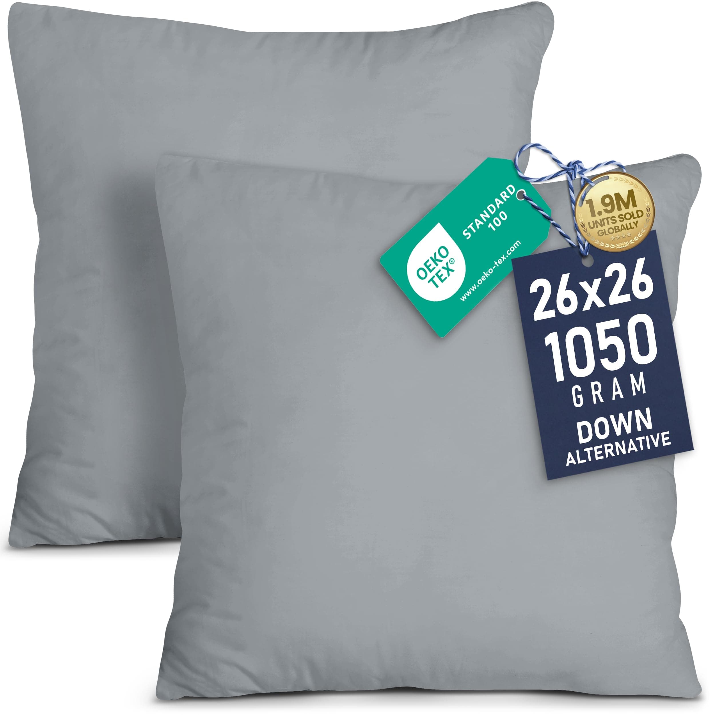 Utopia Bedding Throw Pillows Insert (Pack of 2, Grey) - 26 x 26 Inches Bed and Couch Pillows - Indoor Decorative Pillows