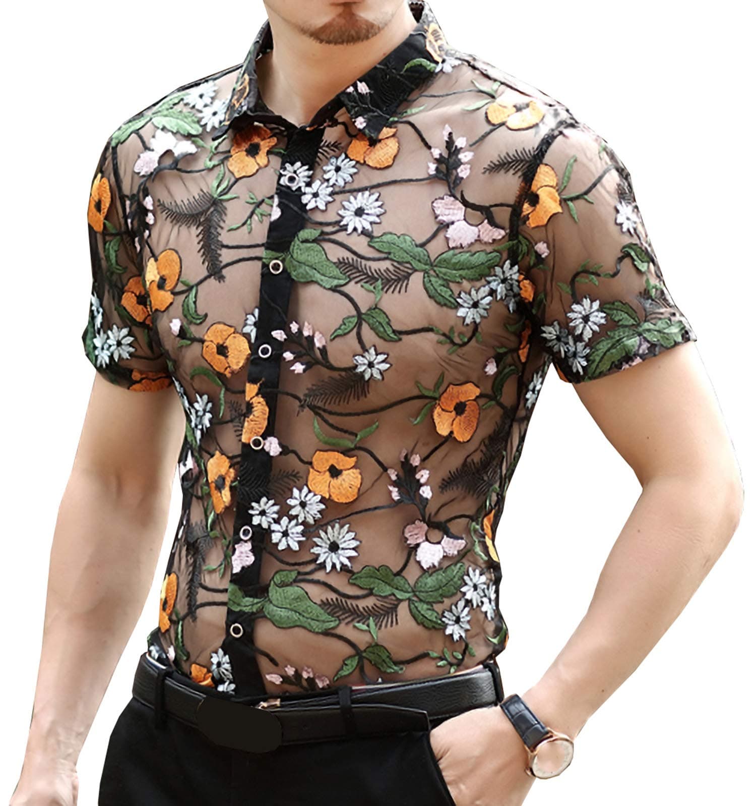 Mens Pattern Short Sleeve Shirts Button Down Slim Fit