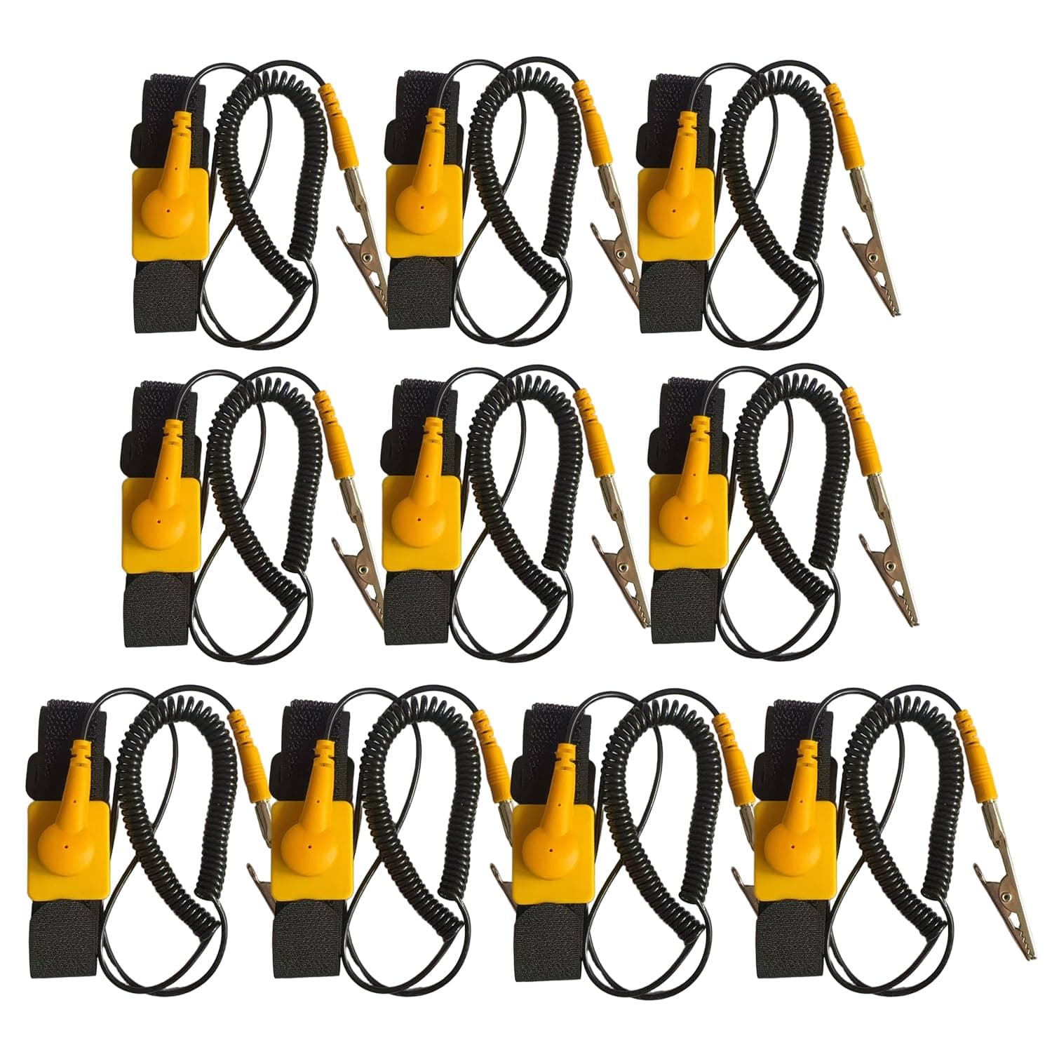 10 Pack ESD Wrist Strap with Grounding Plug, Adjustable Coiled Cord (Yellow)