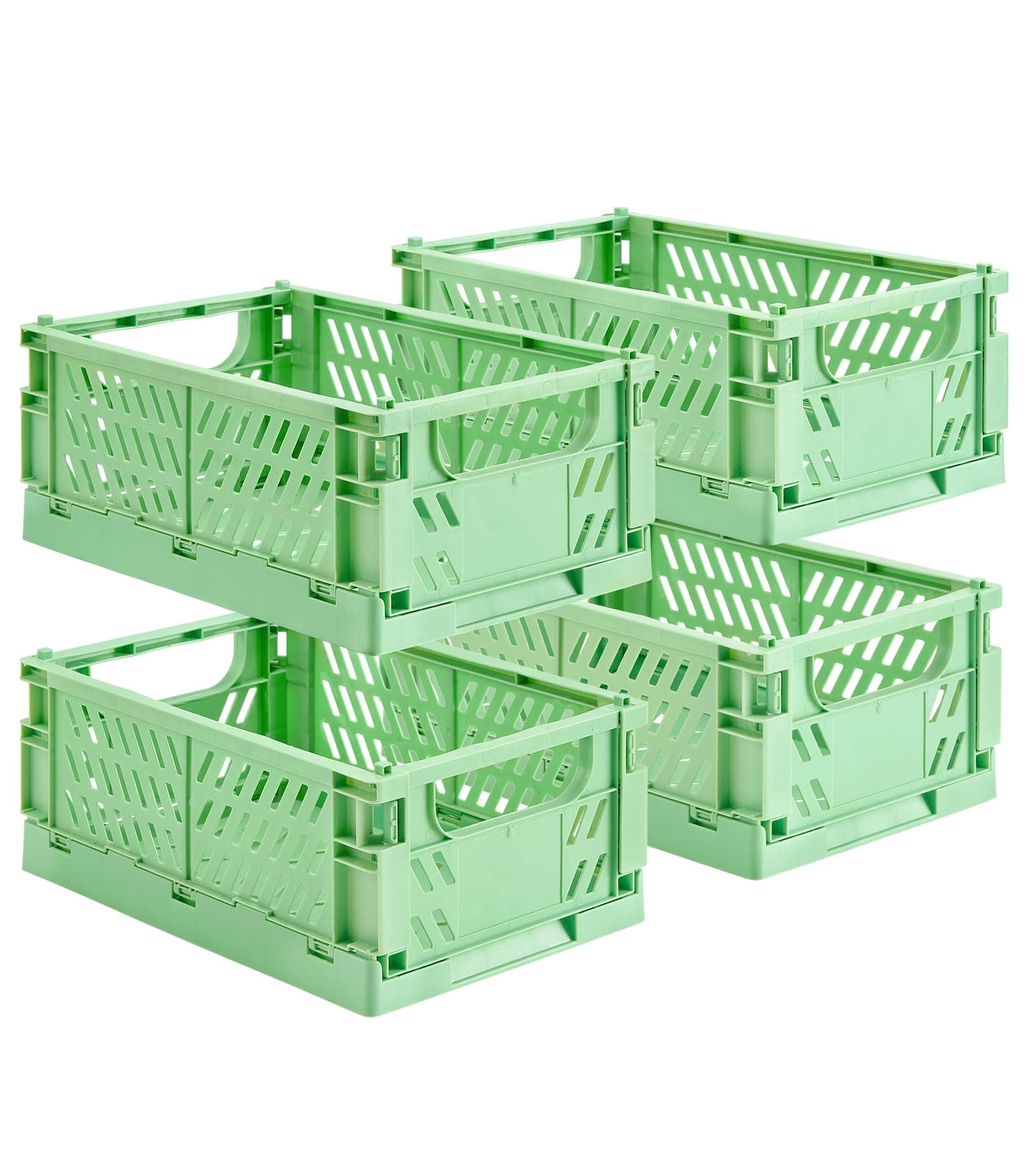 HUUSMOT 4-Pack Small Pastel Plastic Storage Baskets, Collapsible Crates for Organizing, Space-Saving Mini Bins for Classroom, Kitchen, Office, Bedroom (Green, 9.8" x 6.5" x 3.8")