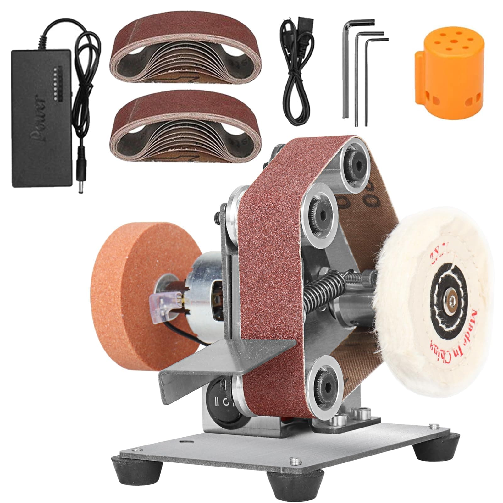 3-In-1 Mini Belt Sander - Electric Bench Grinder Sanding Machine, 7 Adjustable Speed Table Polisher Buffer Handcraft System for Metal Wood DIY Craft Jewelry Stained Glass (Plus Kit)
