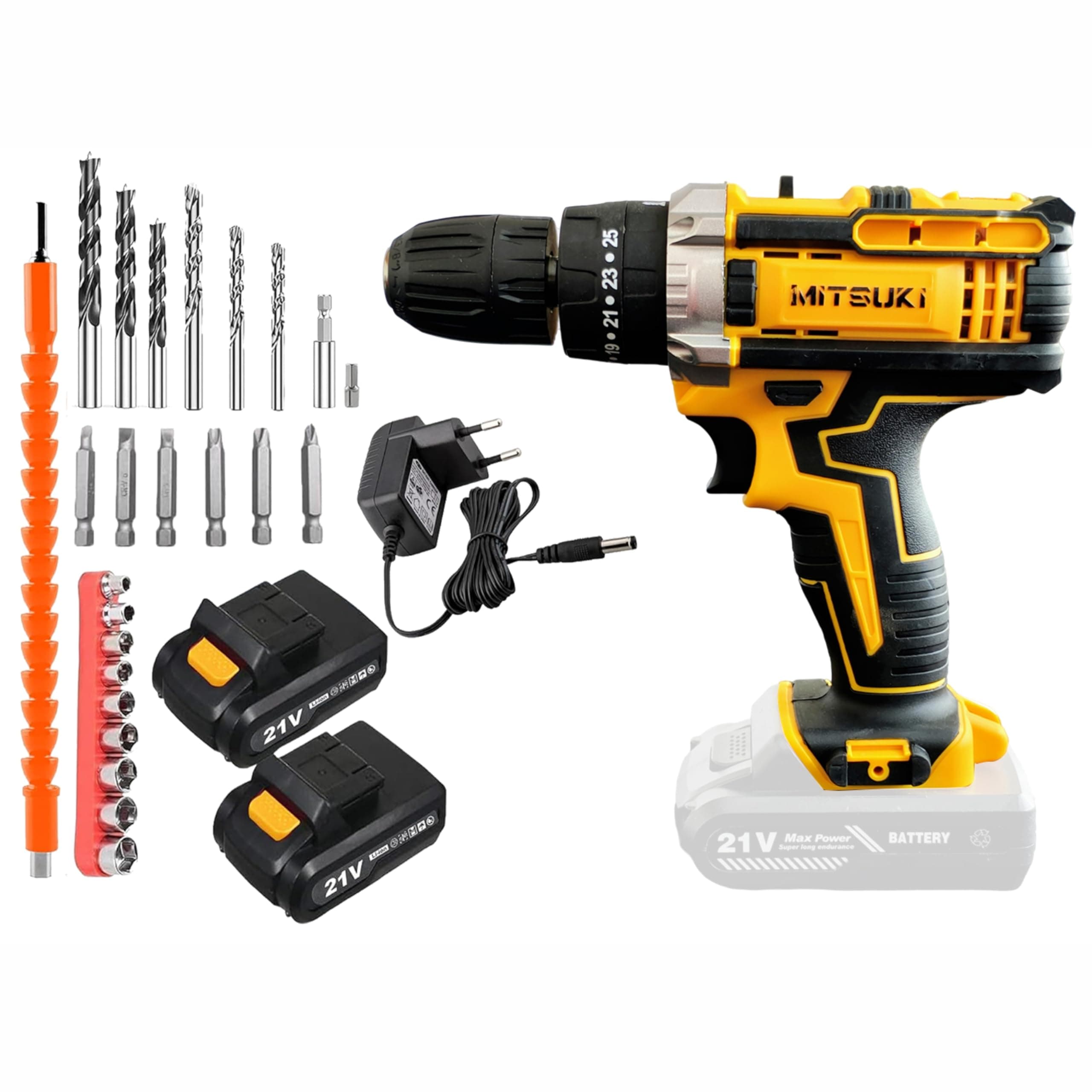 Mitsuki 21V Cordless Impact Drill | 10MM Chuck, Variable Speed, LED Light, 2 Batteries, Fast Charger, Case & 24Pcs Set – Perfect for Concrete, Wood, Metal Drilling, & Torque Screw | MI57