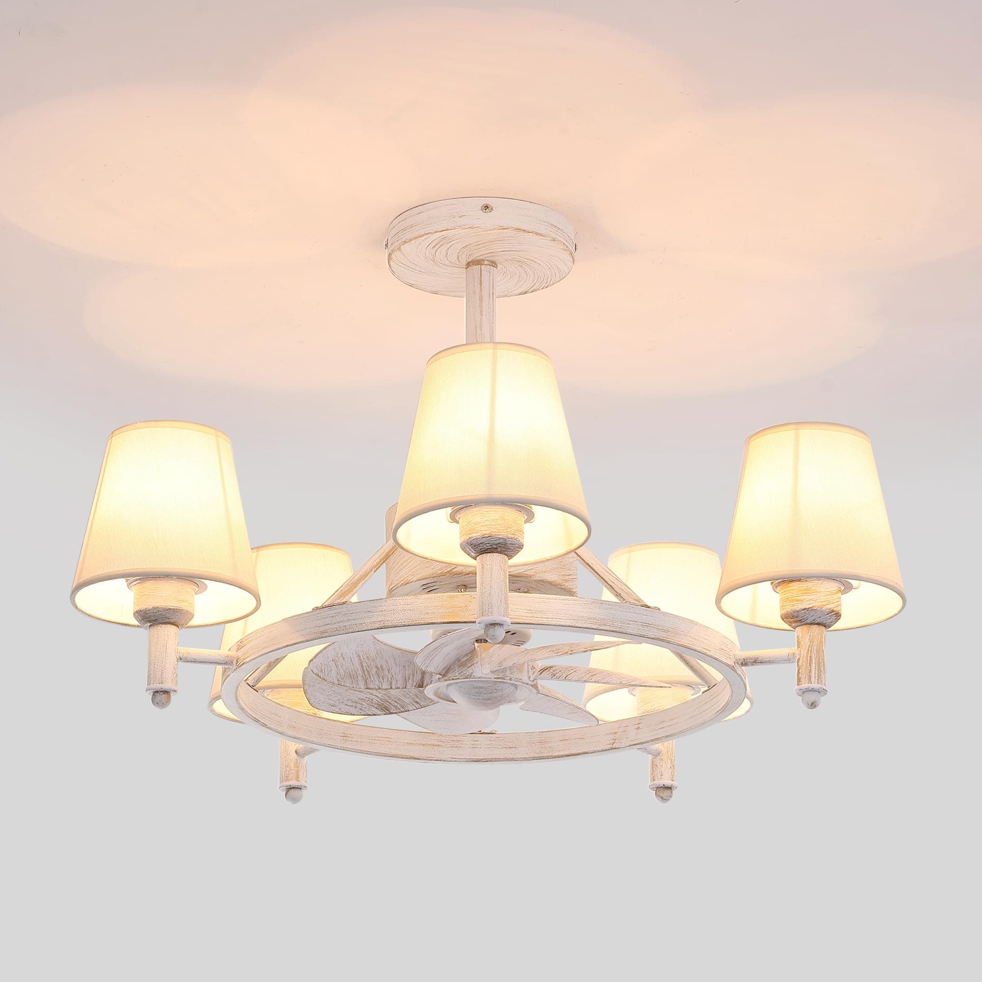 REDSTAR 25 inch Ceiling Fans with Lights Remote Control-Retro White Chandeliers with Fan Lights, 7 Blades Quiet Reversible Ceiling Fan with Fabric Lampshade for LivingRoom DinningRoom Kinchen Entryway