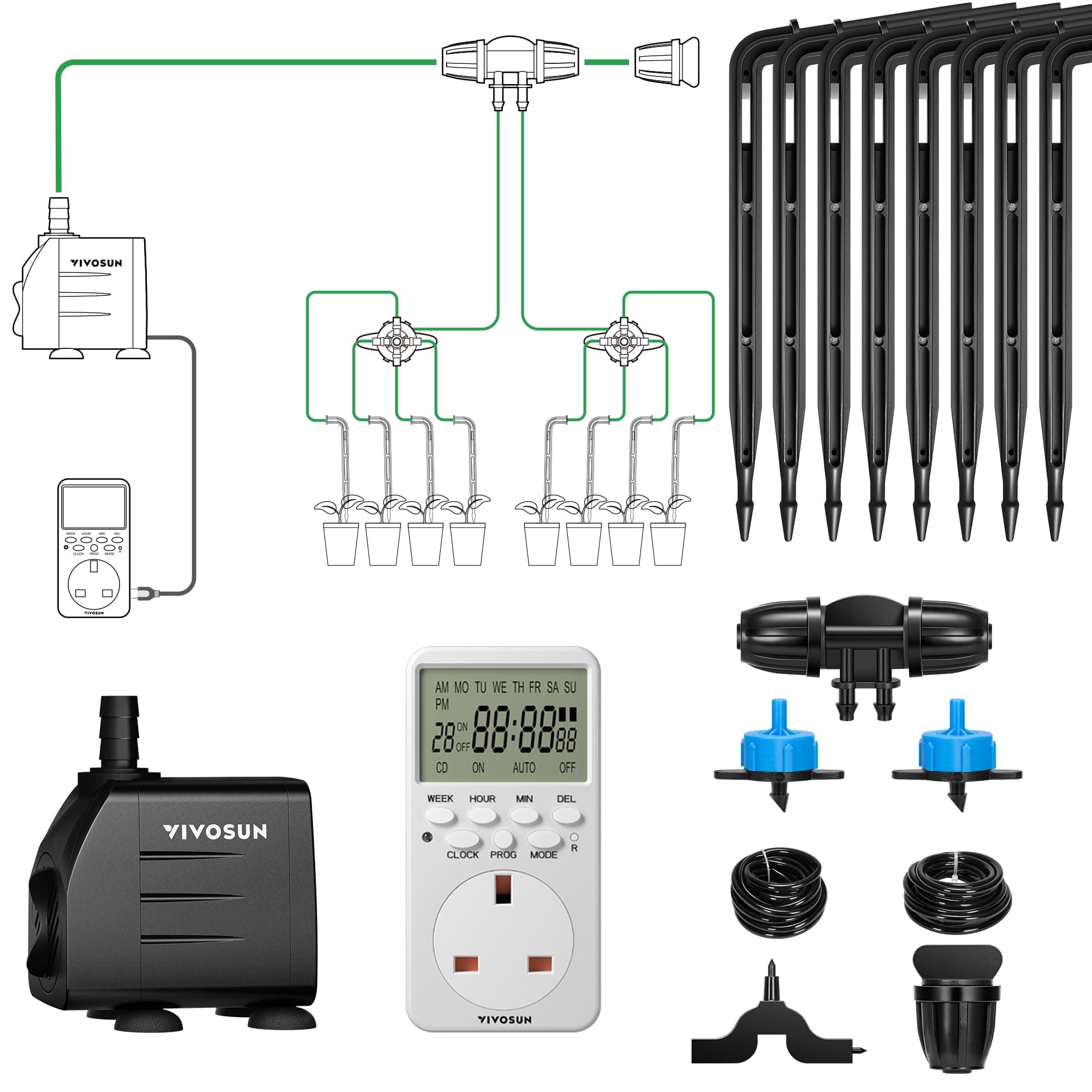 VIVOSUN Professional Automatic Drip Irrigation Kits, 15W Output, All in One Professional Grow Kit- Includes Pump, Timer and Regulator, 8 Drip Emitters Garden Plant Watering System Indoor Outdoor